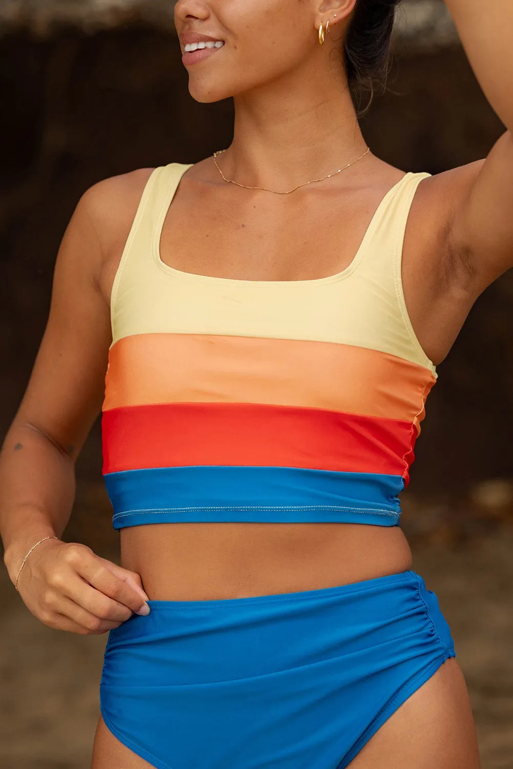 Blue Colorblock Square Neck Top Pleated High Waisted Bikini