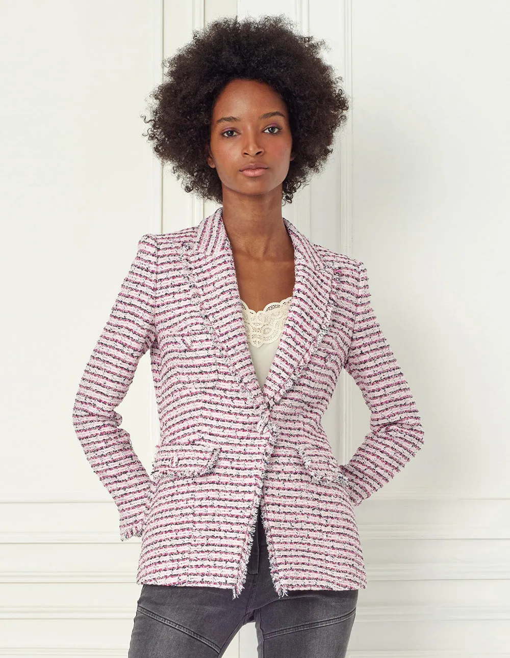 BORA AKSU Frayed Edge Single-Breasted Tweed Blazer
