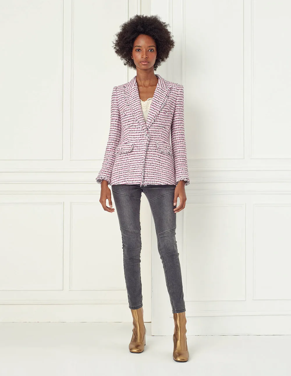 BORA AKSU Frayed Edge Single-Breasted Tweed Blazer
