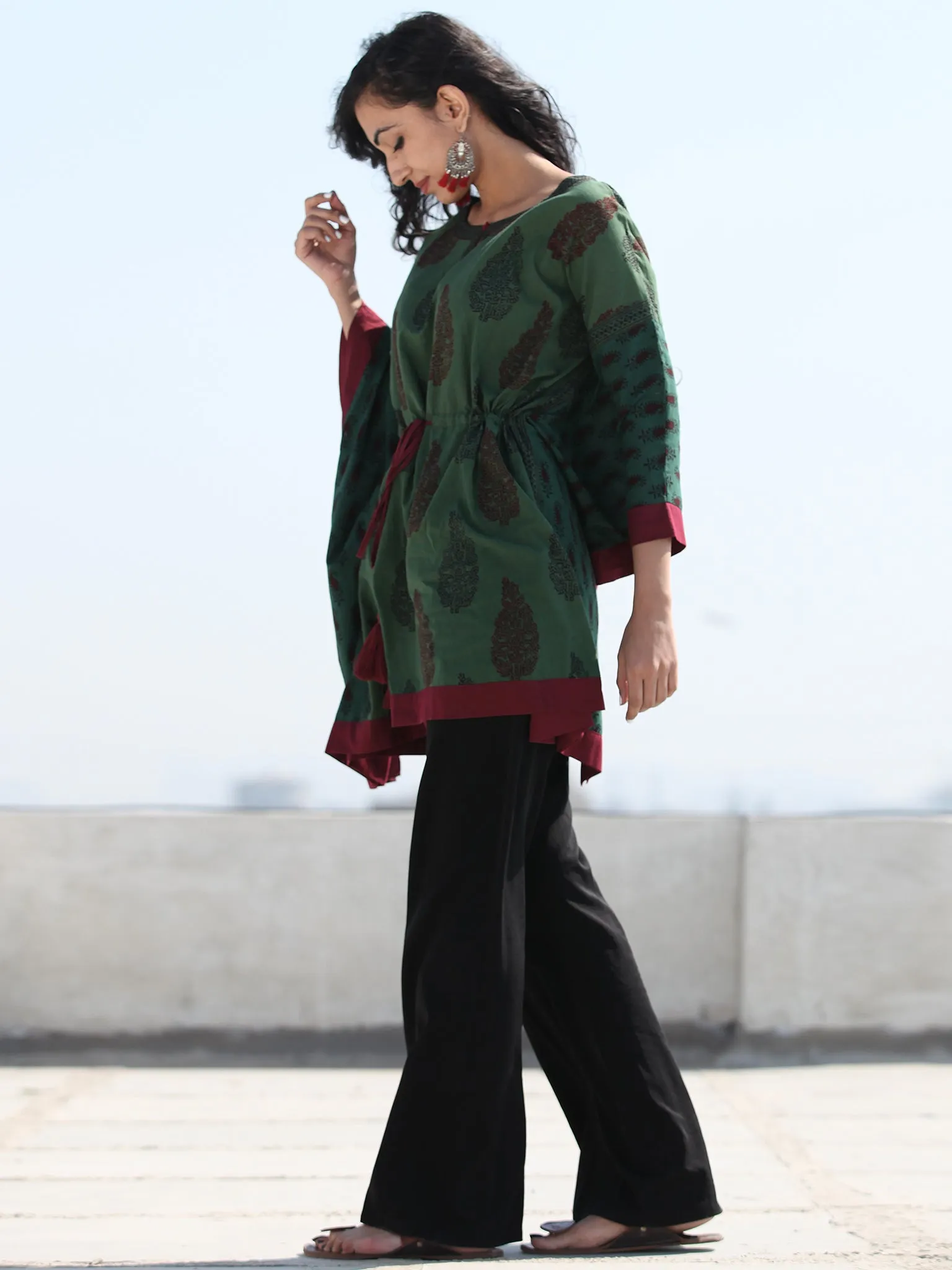 Bottle Green Maroon Bagh Hand Block Printed Short Kaftan - K132F2076