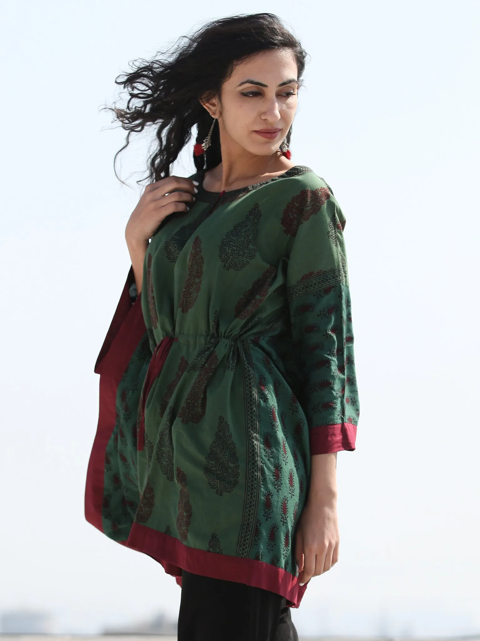 Bottle Green Maroon Bagh Hand Block Printed Short Kaftan - K132F2076