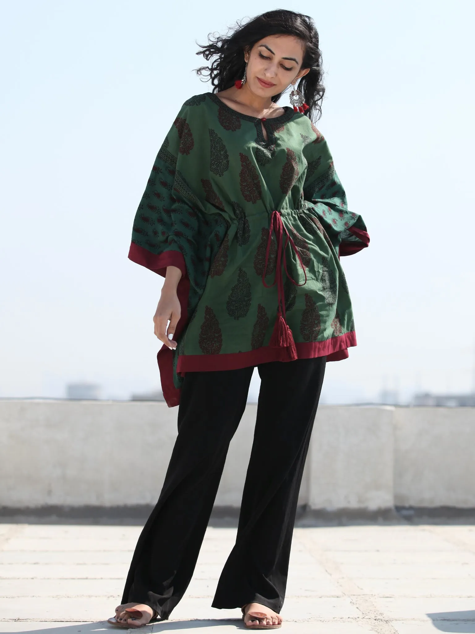 Bottle Green Maroon Bagh Hand Block Printed Short Kaftan - K132F2076