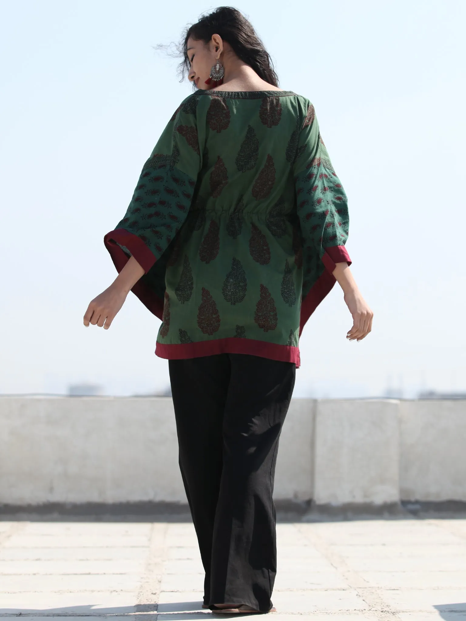 Bottle Green Maroon Bagh Hand Block Printed Short Kaftan - K132F2076