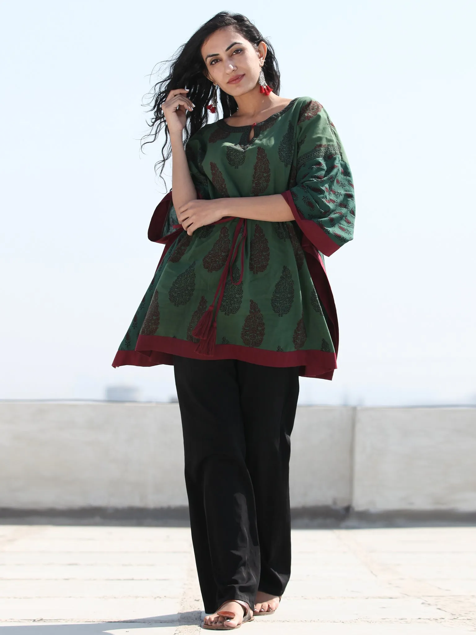 Bottle Green Maroon Bagh Hand Block Printed Short Kaftan - K132F2076