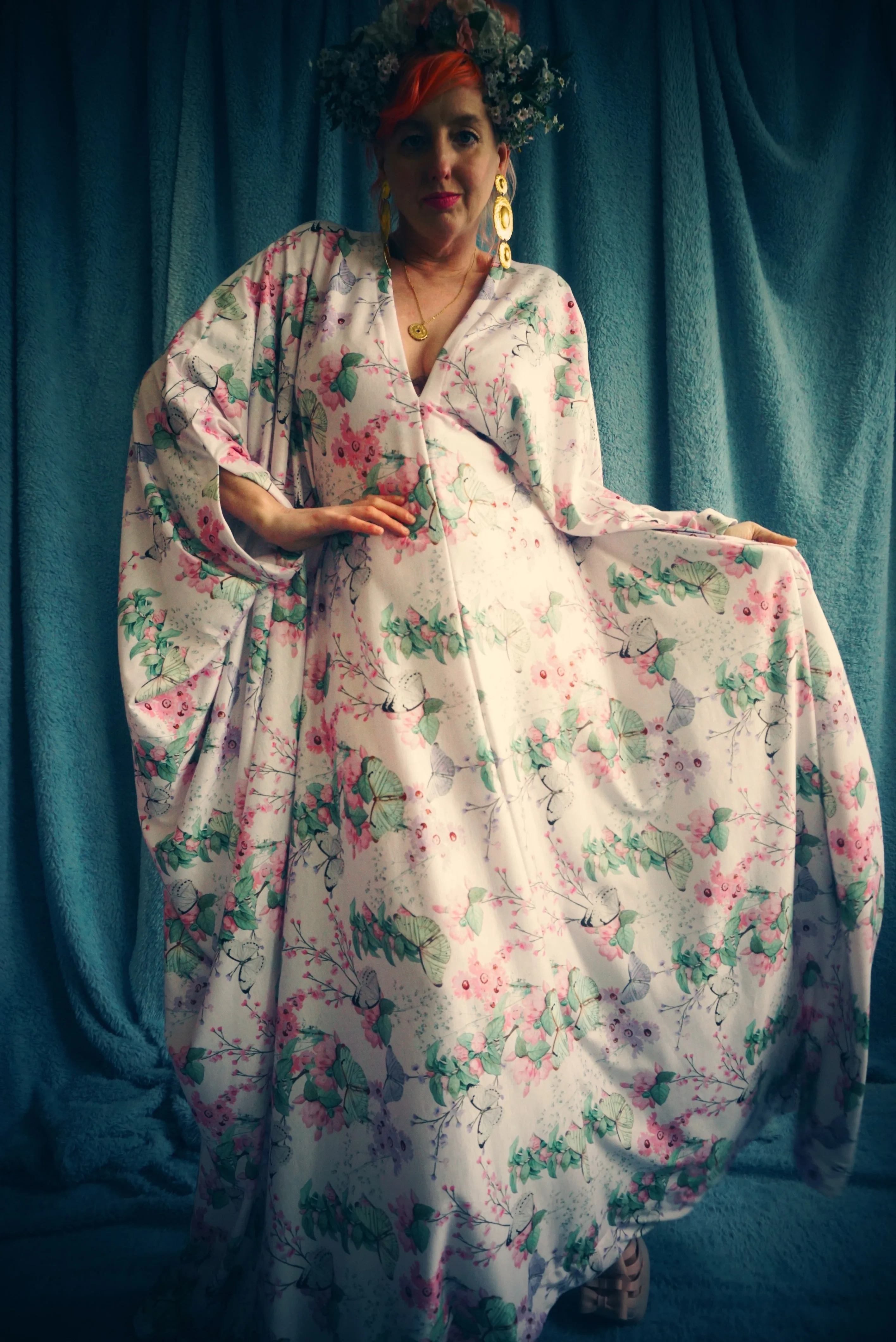 Butterfly print soft jersey Kaftan Gown