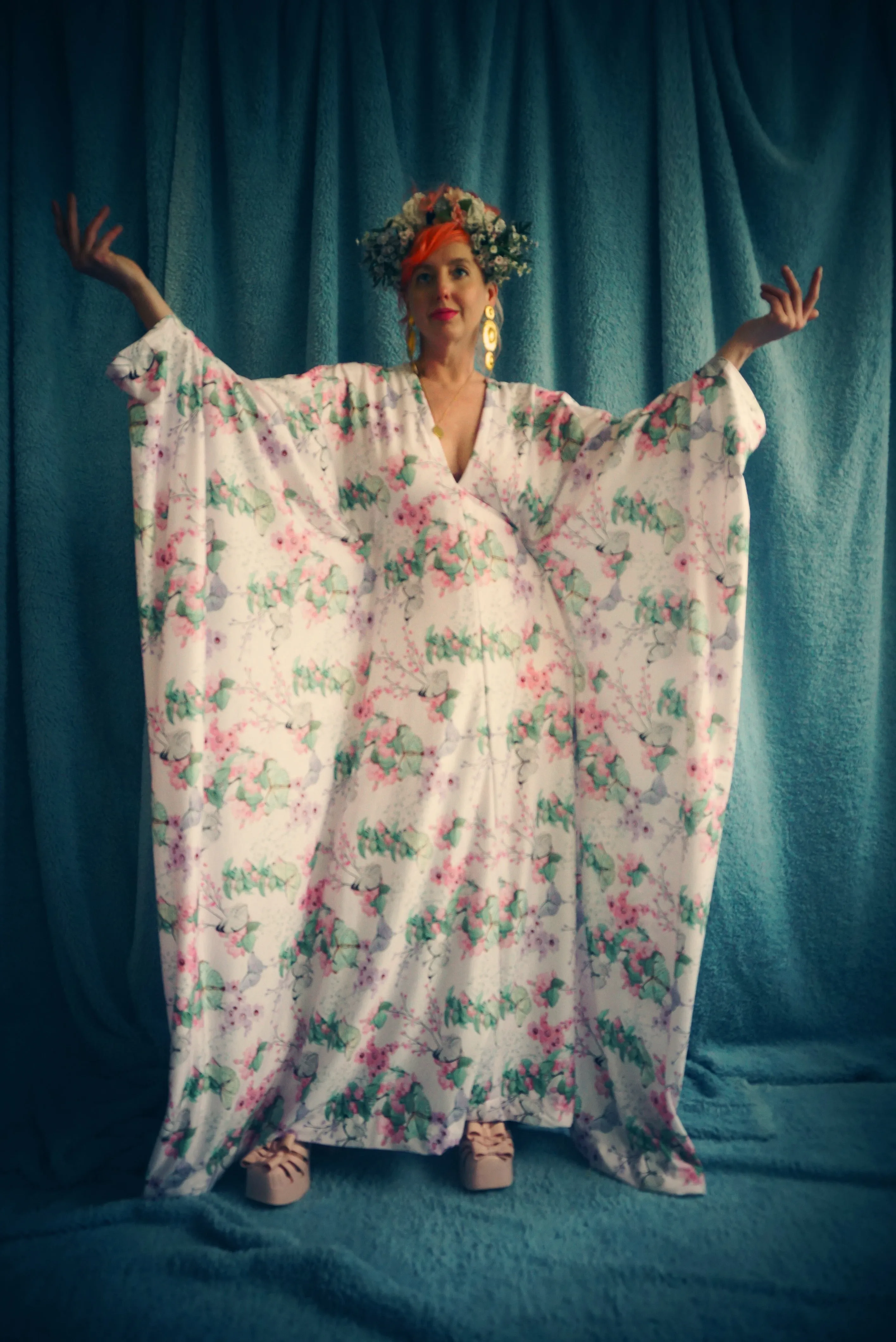 Butterfly print soft jersey Kaftan Gown