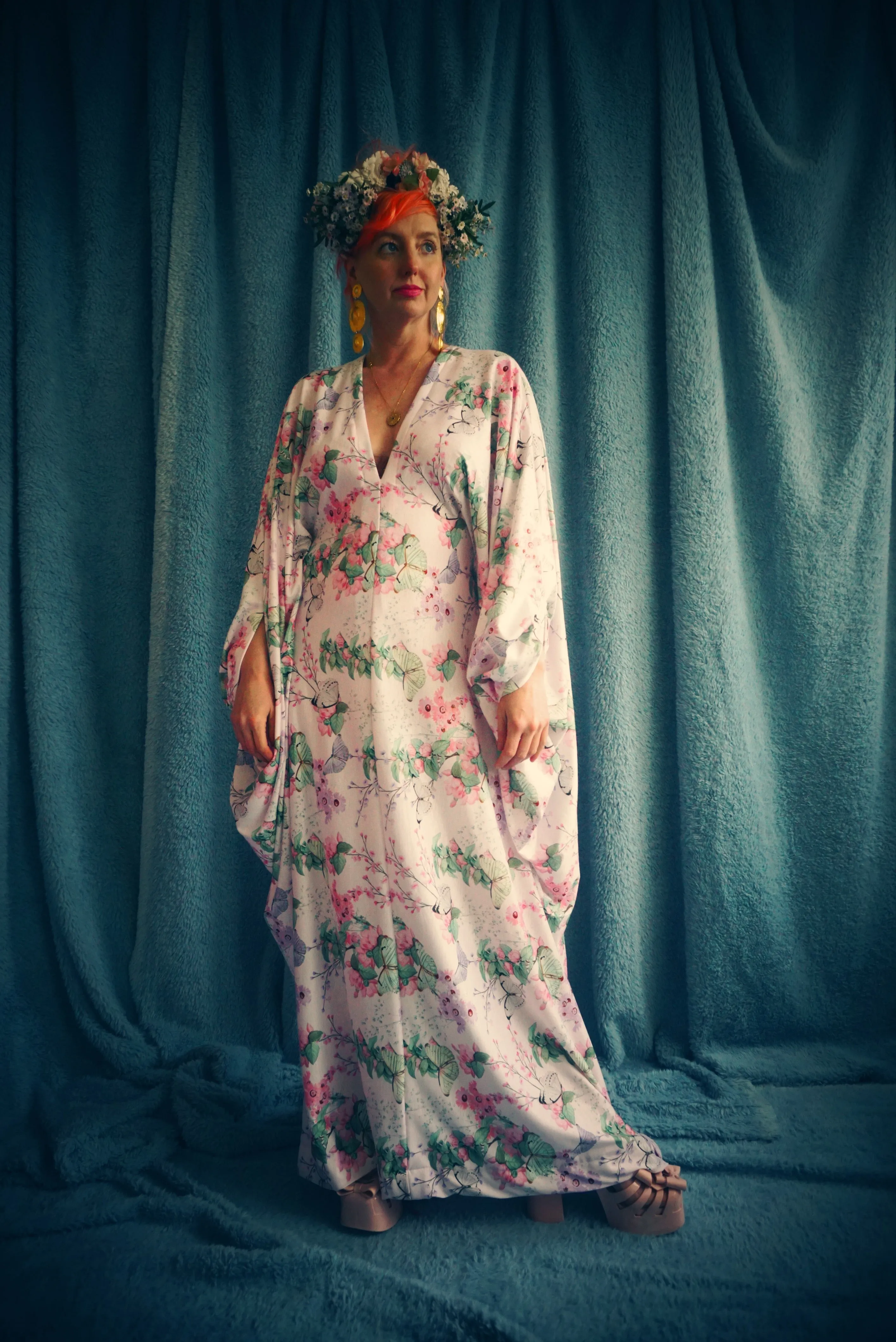 Butterfly print soft jersey Kaftan Gown