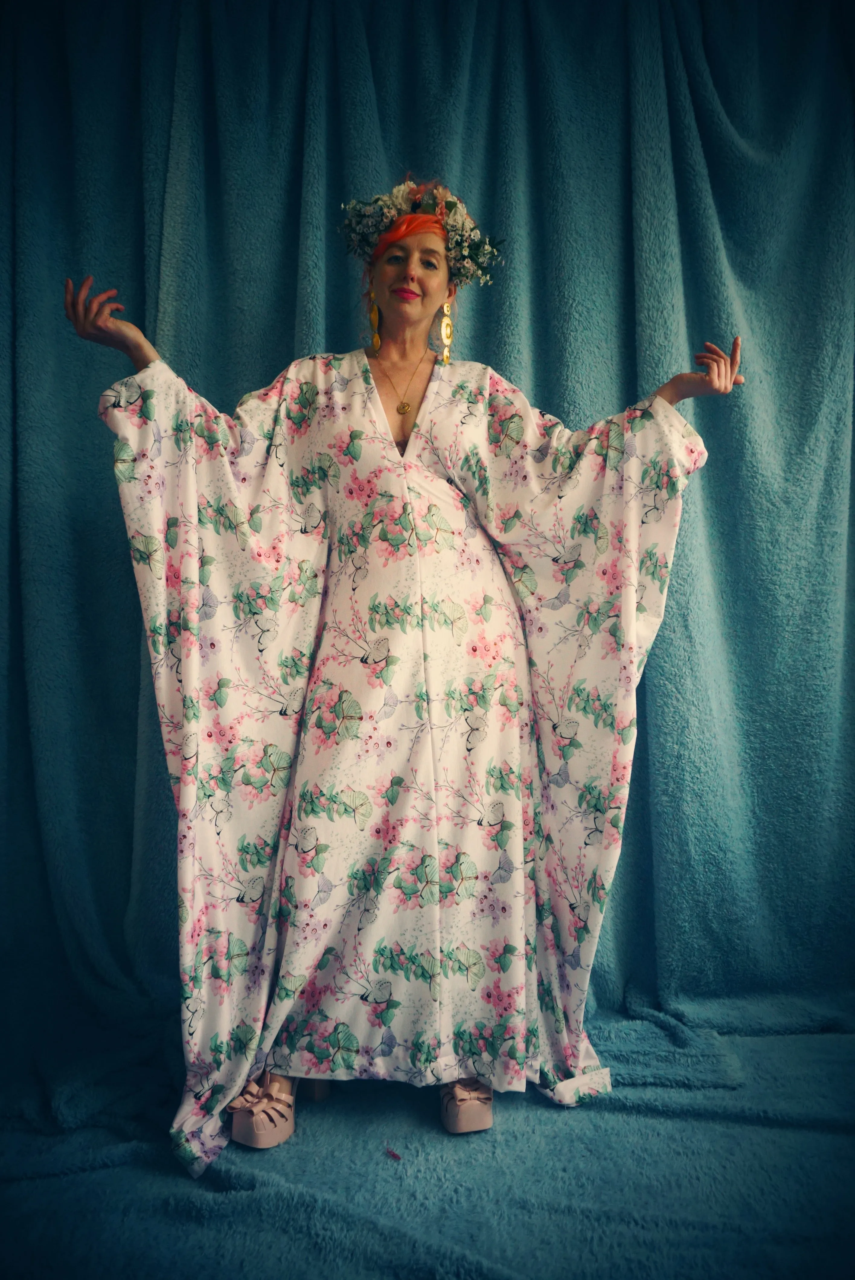 Butterfly print soft jersey Kaftan Gown