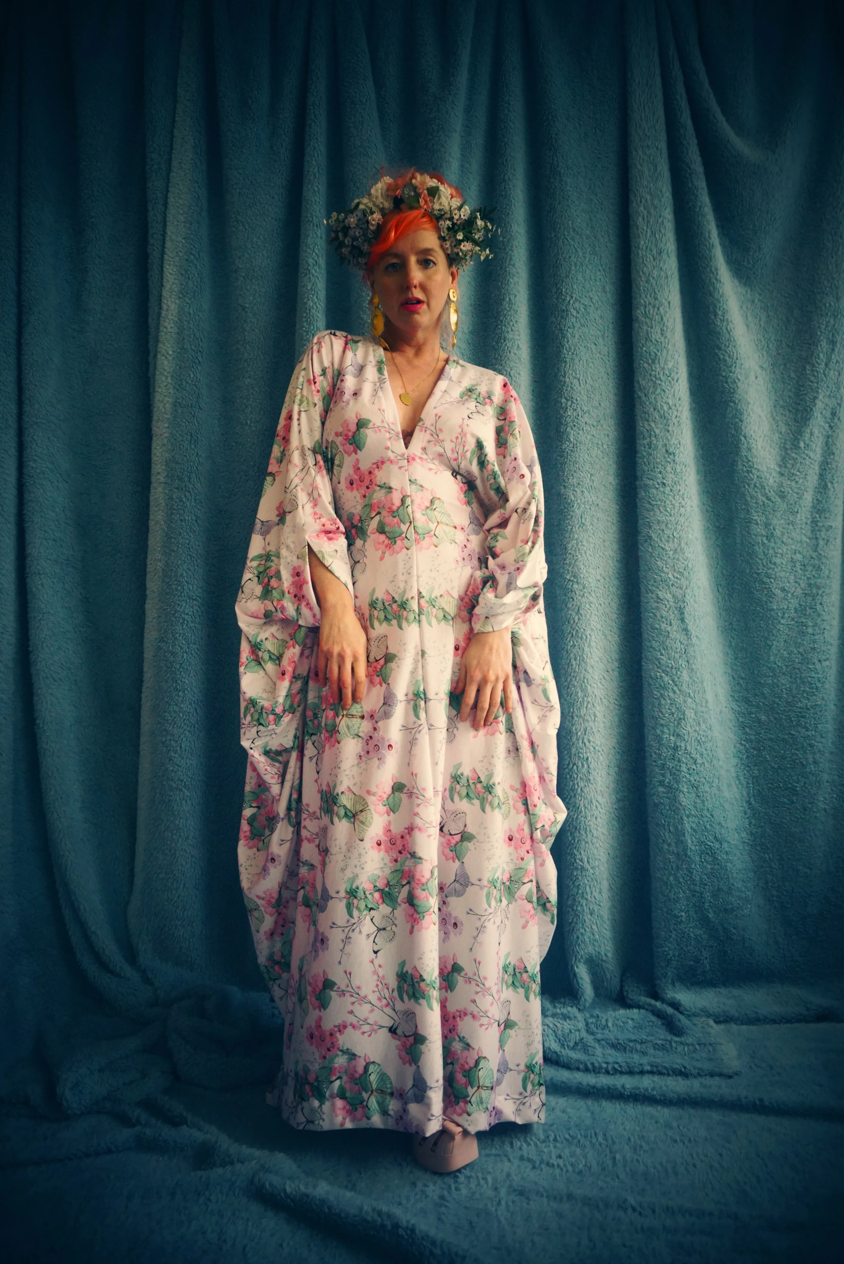 Butterfly print soft jersey Kaftan Gown