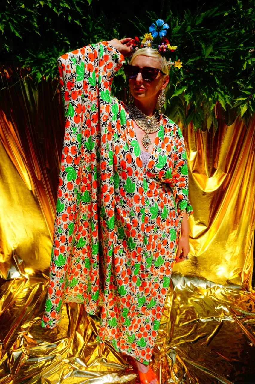 Cherries Jersey Stretch Kaftan Dress
