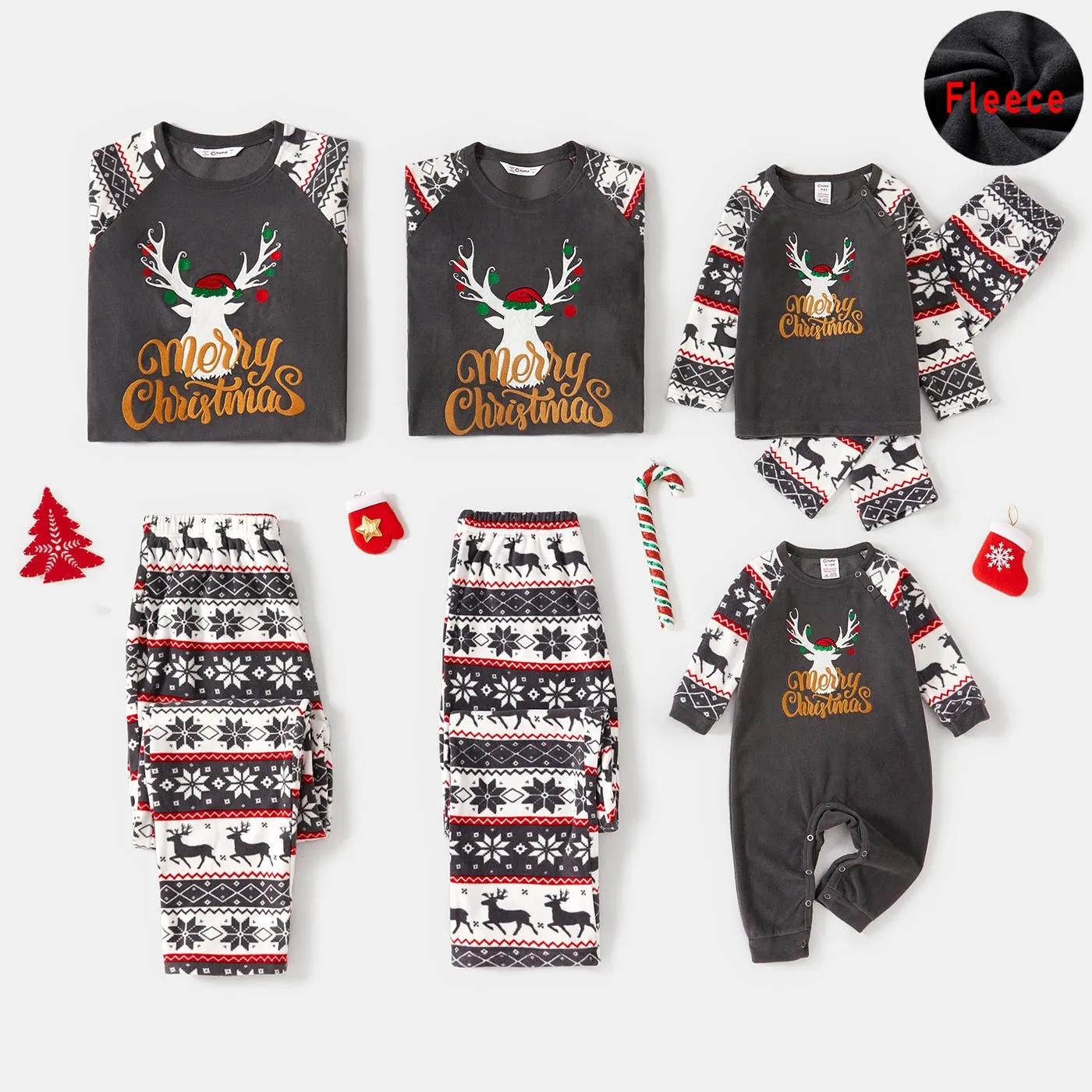 Christmas Family Matching Deer & Letter Embroidered Raglan-sleeve Thickened Polar Fleece Pajamas Sets (Flame Resistant)
