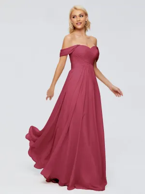 Cinnamon Rose Color Bridesmaid Dresses Trinity A-line Off The Shoulder Long Chiffon Bridesmaid Dresses