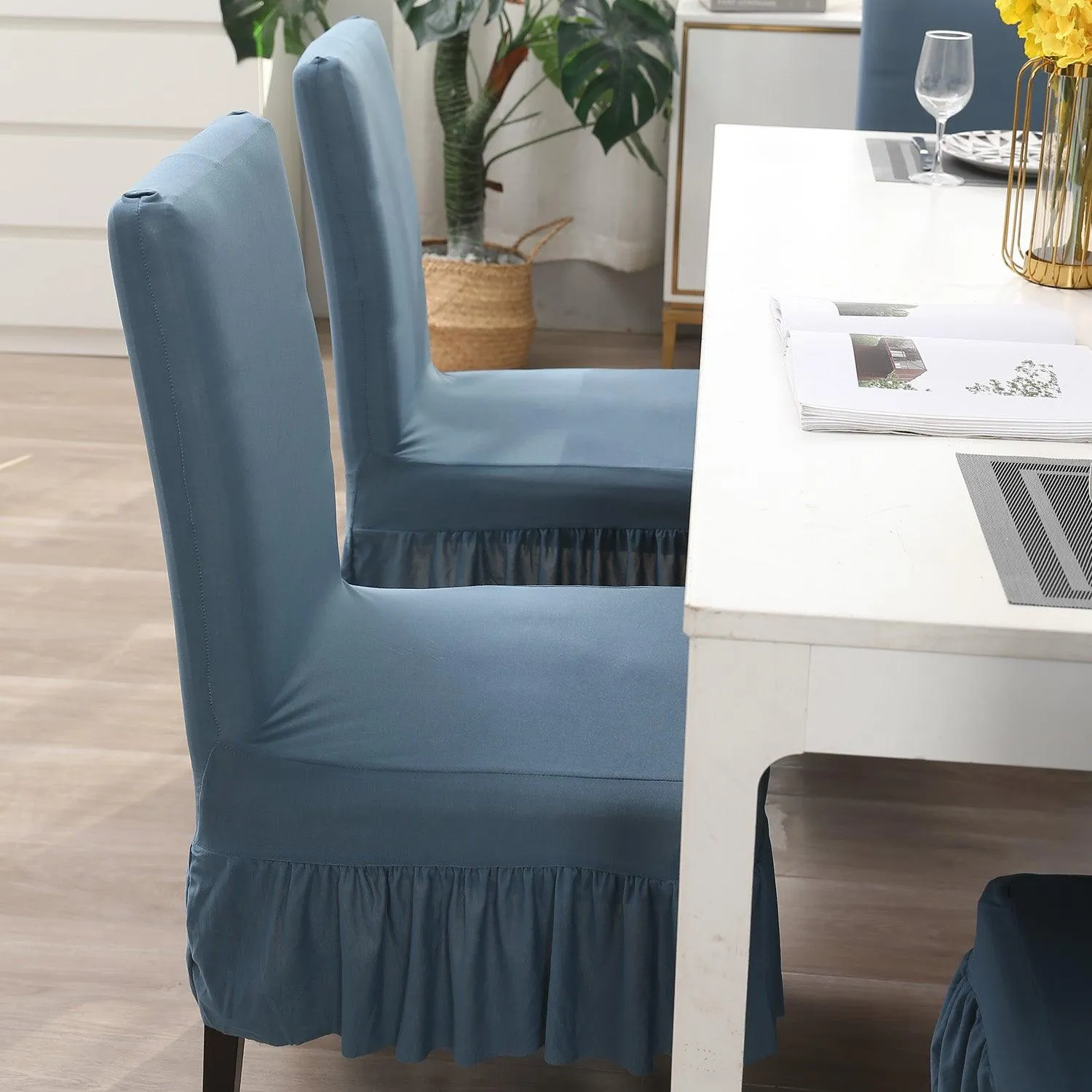 Elastic Stretchable Dining Chair Cover with Frill, Bluish Grey