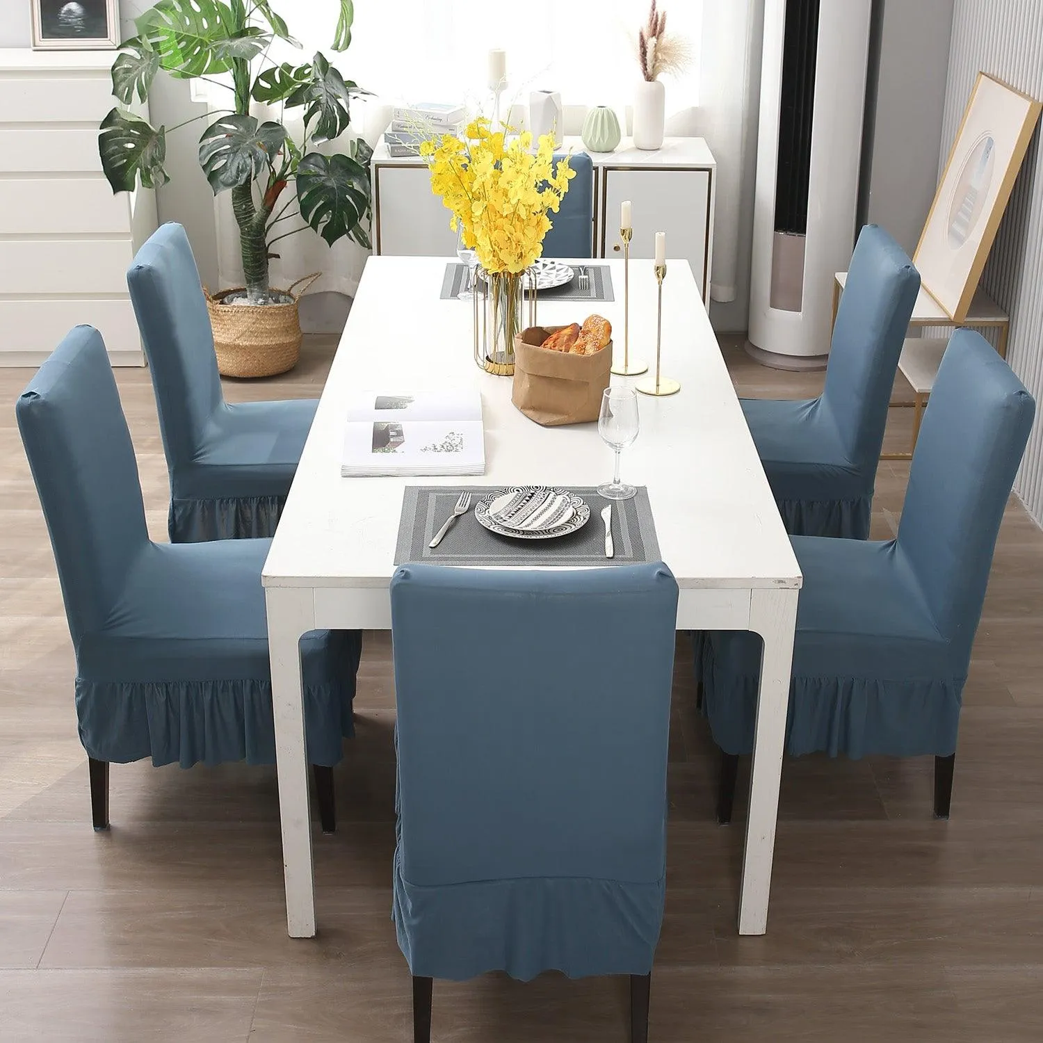 Elastic Stretchable Dining Chair Cover with Frill, Bluish Grey