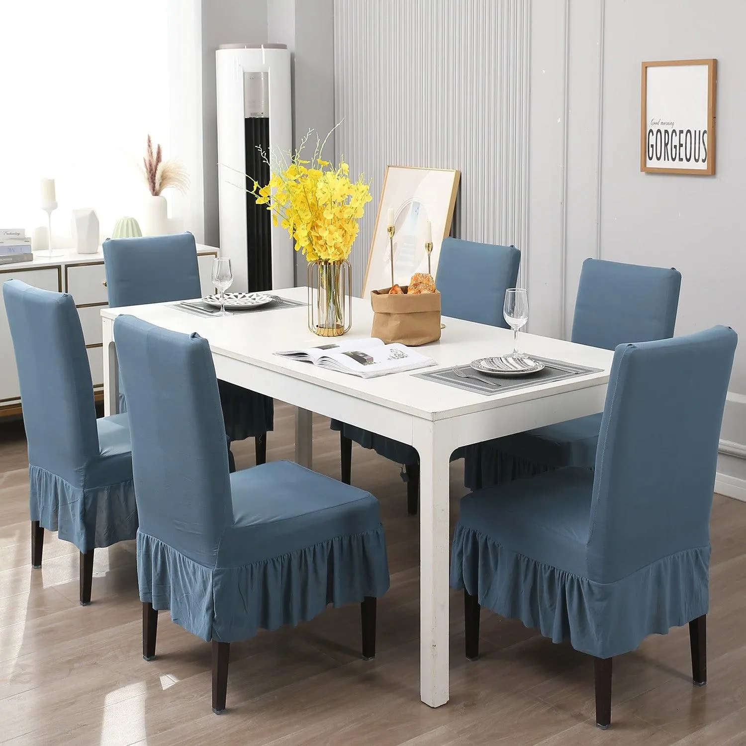 Elastic Stretchable Dining Chair Cover with Frill, Bluish Grey