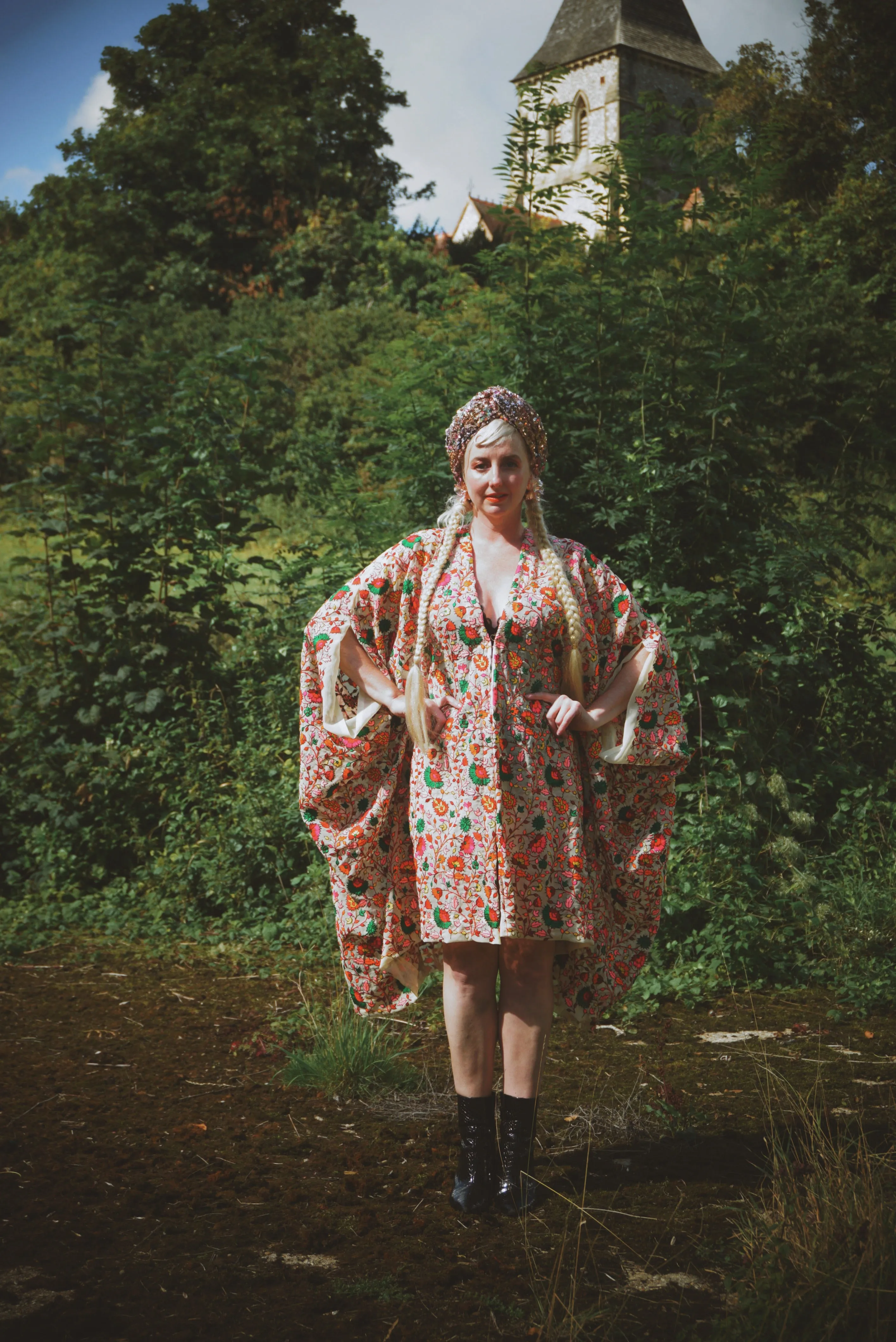 Embroidered floral colourful leaves semi sheer kaftan Gown / Kimono Robe