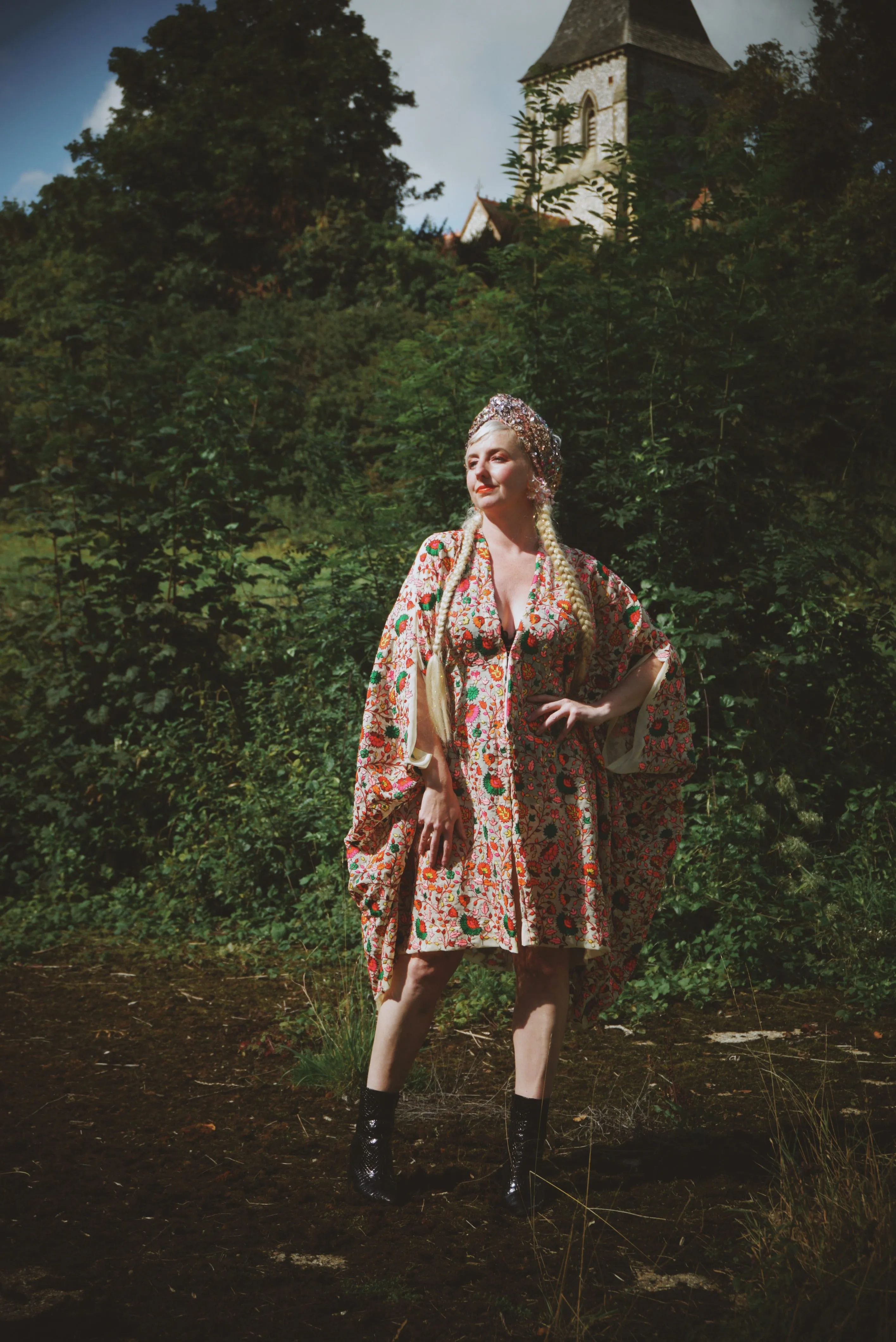 Embroidered floral colourful leaves semi sheer kaftan Gown / Kimono Robe