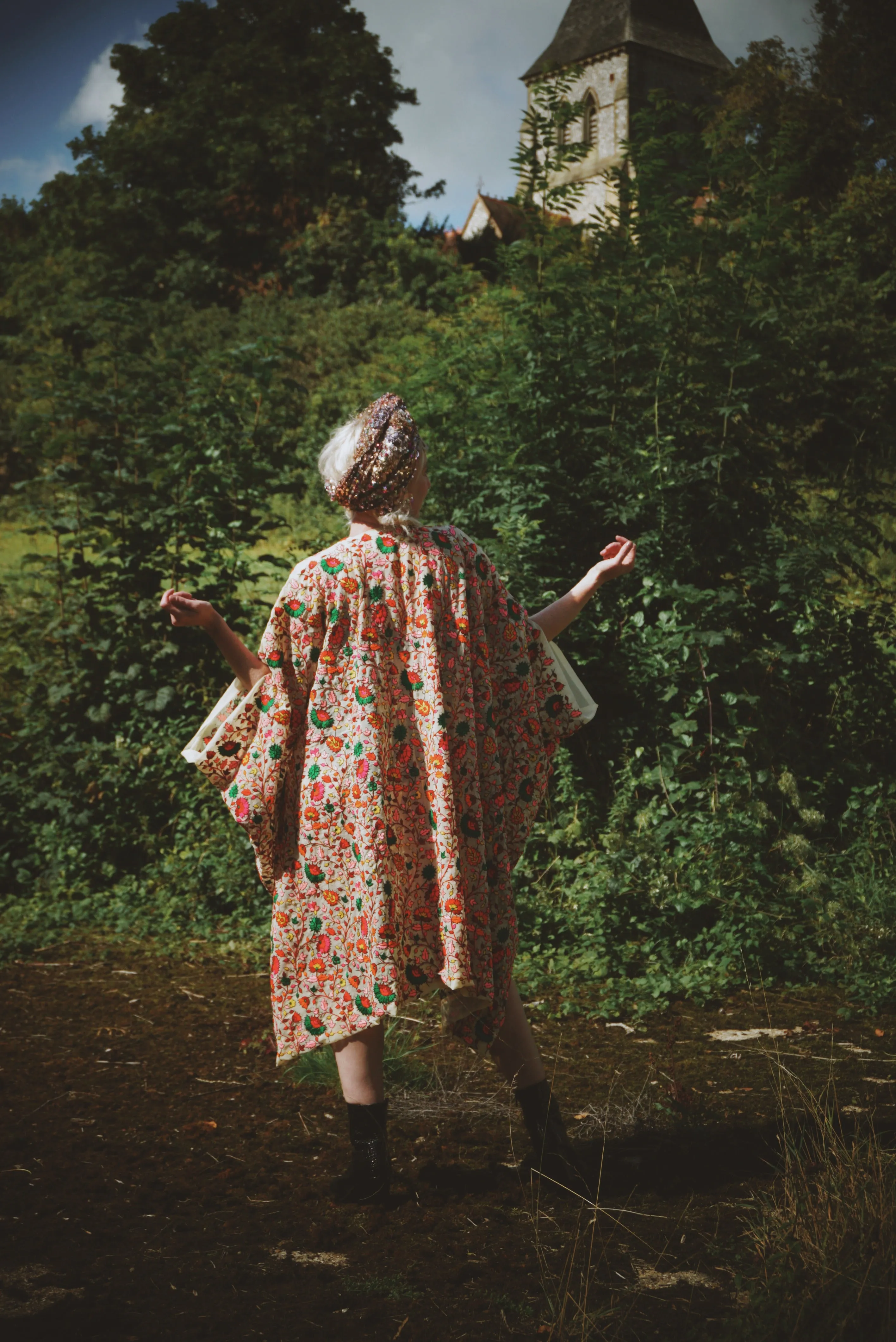 Embroidered floral colourful leaves semi sheer kaftan Gown / Kimono Robe