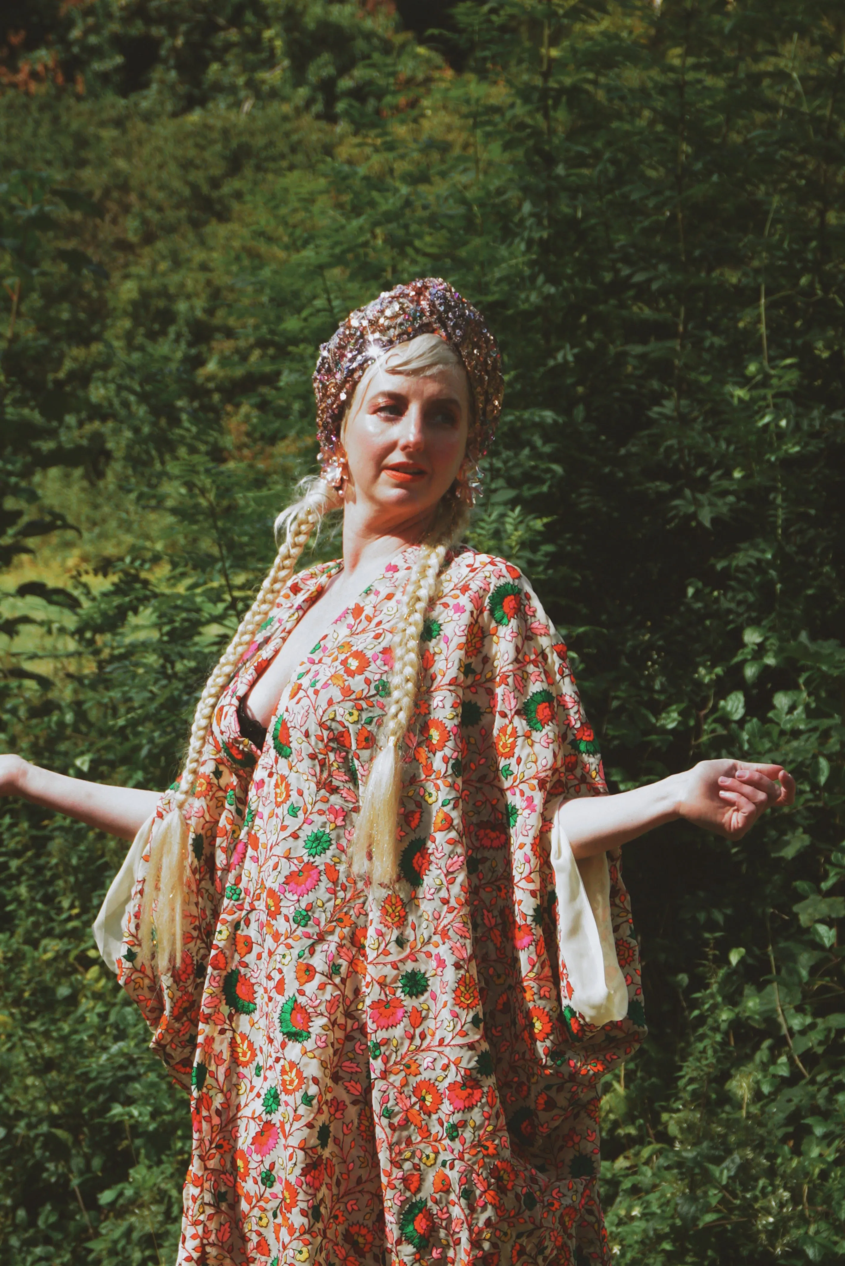 Embroidered floral colourful leaves semi sheer kaftan Gown / Kimono Robe