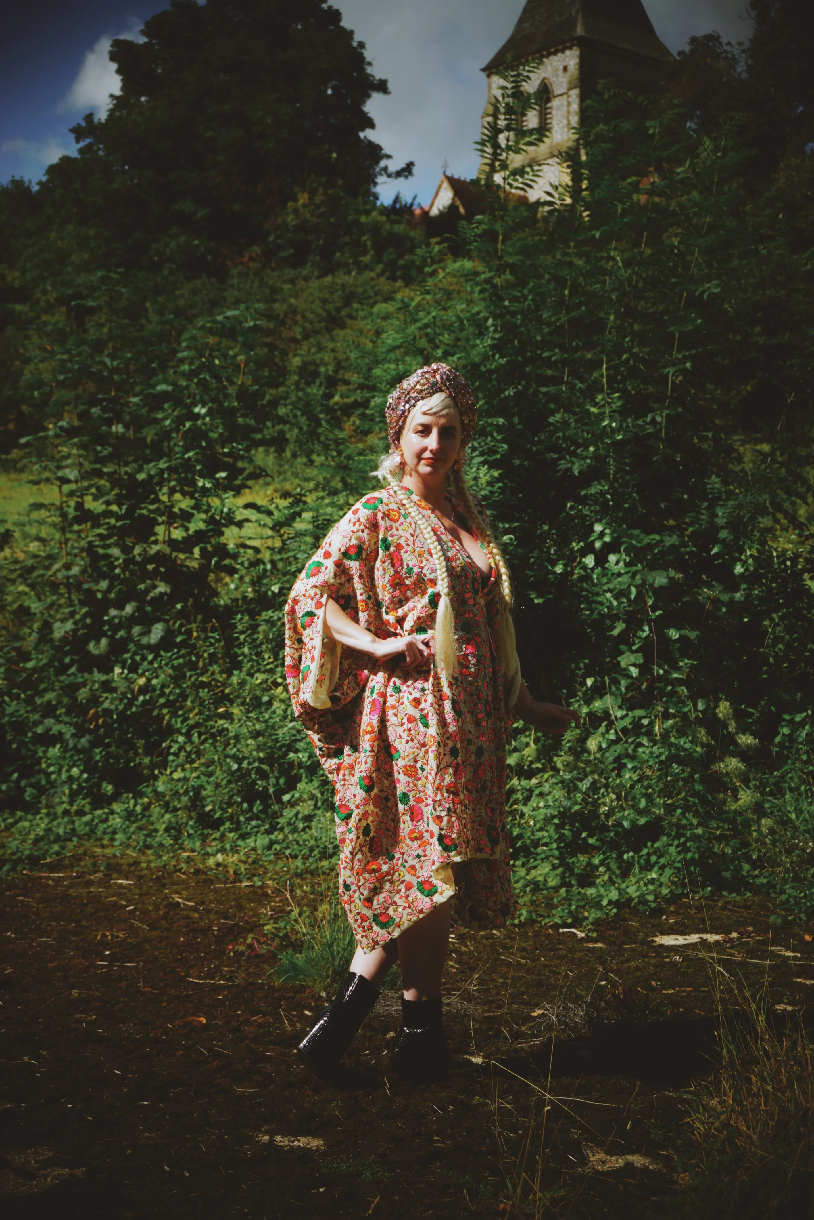 Embroidered floral colourful leaves semi sheer kaftan Gown / Kimono Robe