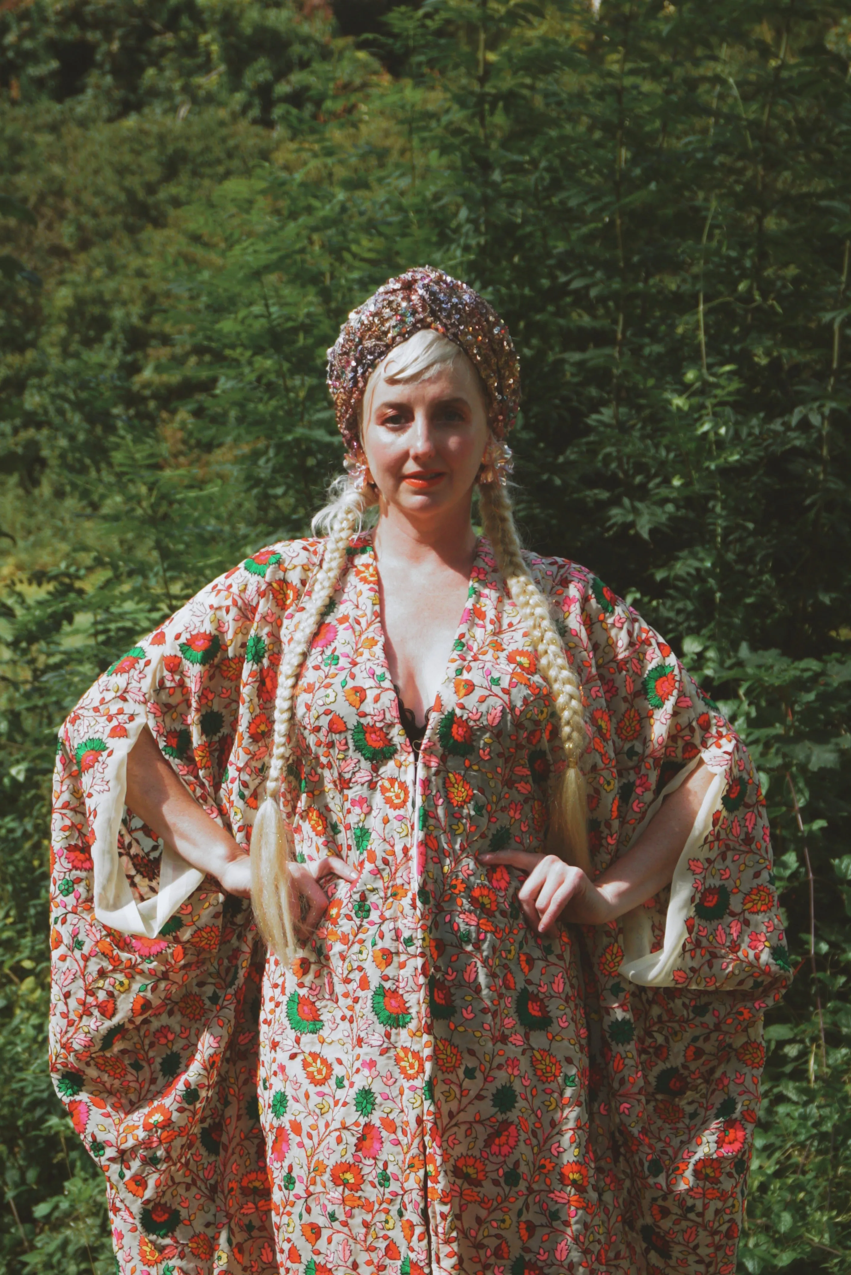 Embroidered floral colourful leaves semi sheer kaftan Gown / Kimono Robe