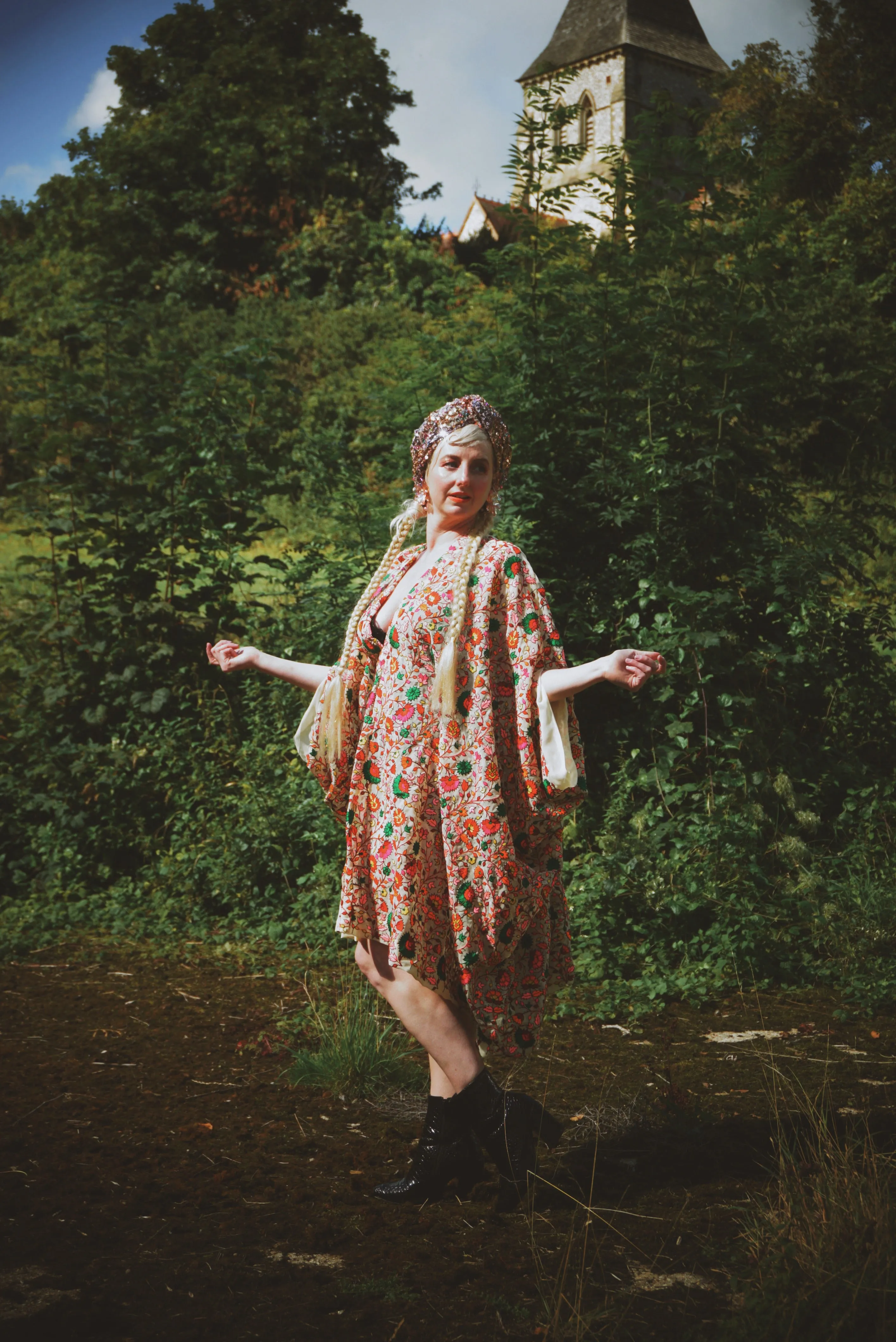 Embroidered floral colourful leaves semi sheer kaftan Gown / Kimono Robe