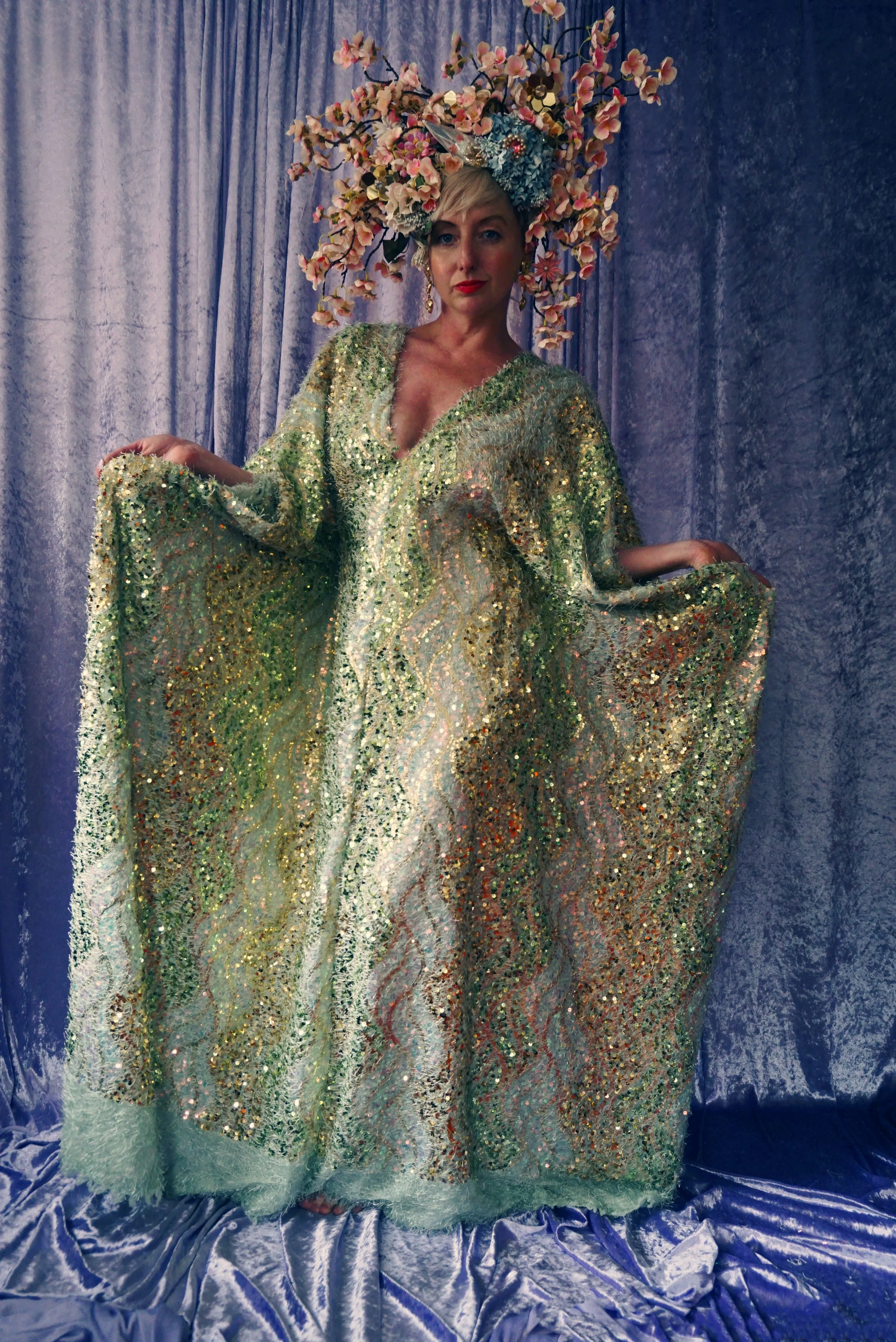 Fuzzy Eyelash in Mint Green and gold sequins