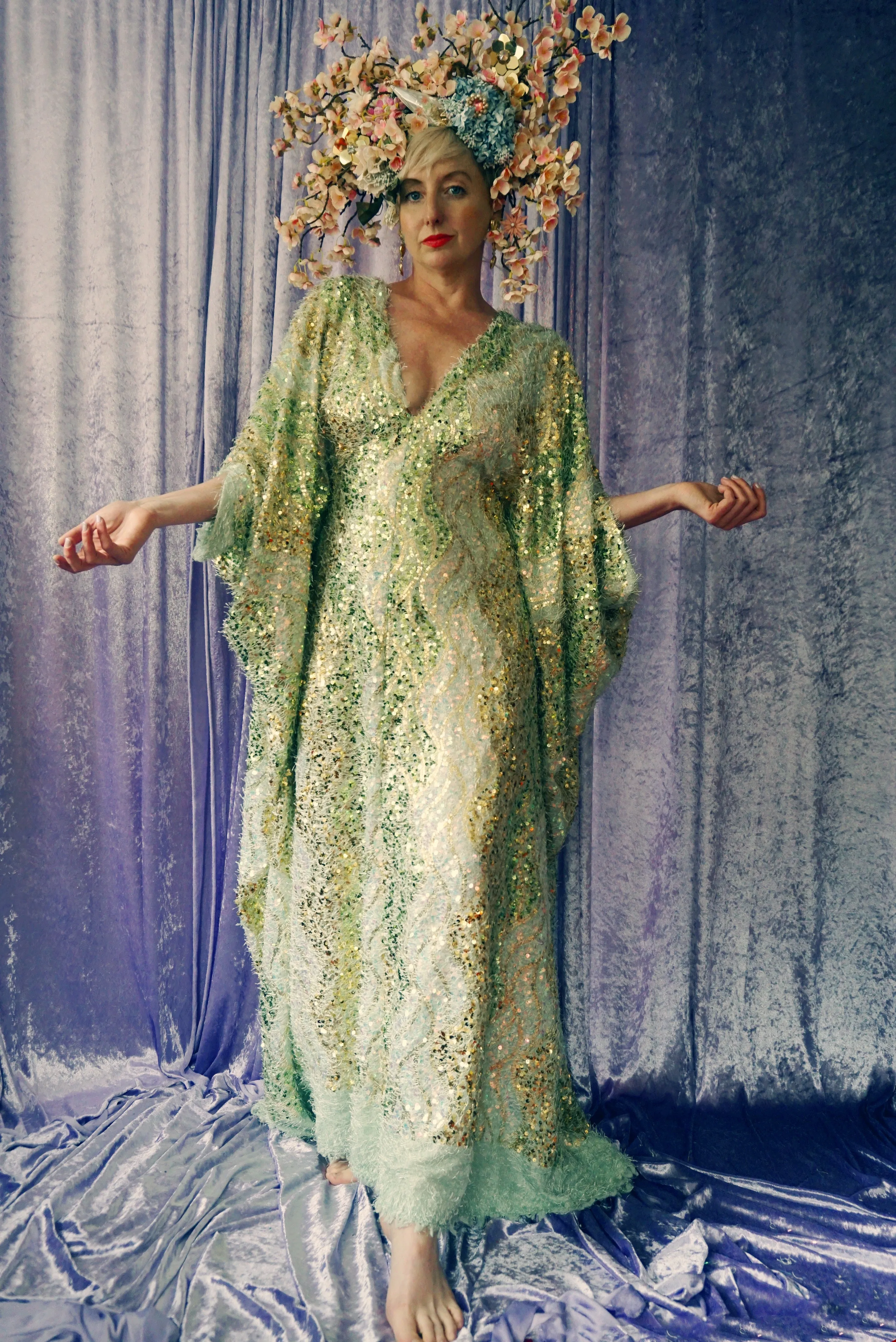 Fuzzy Eyelash in Mint Green and gold sequins