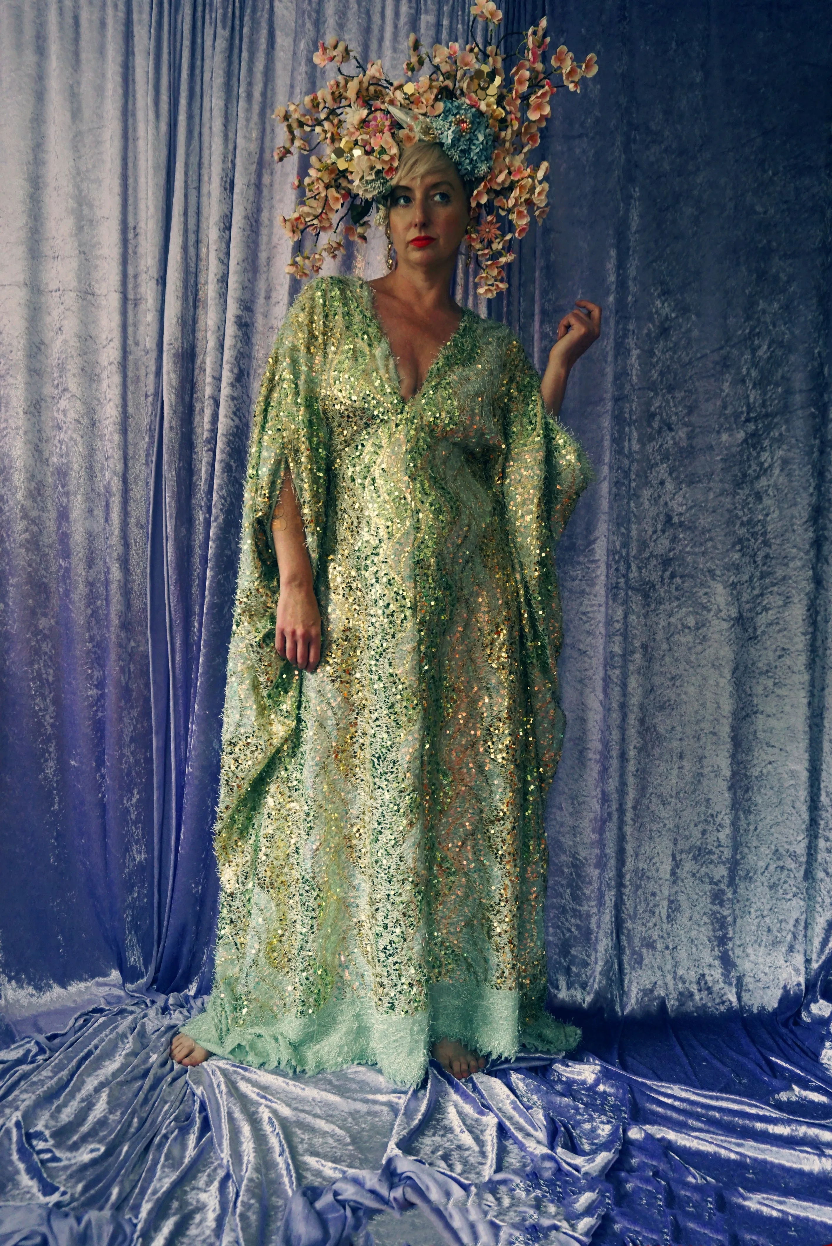 Fuzzy Eyelash in Mint Green and gold sequins