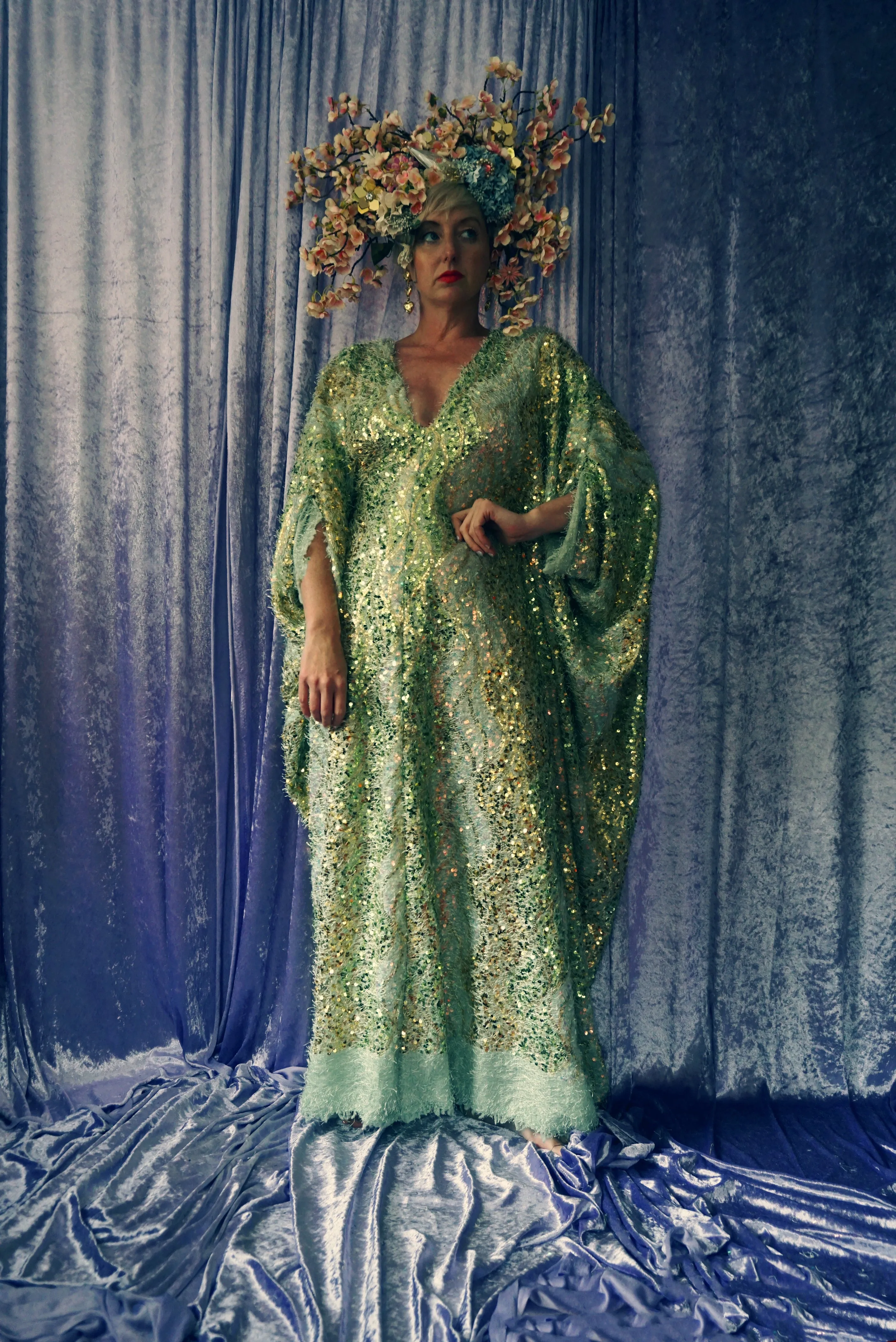 Fuzzy Eyelash in Mint Green and gold sequins