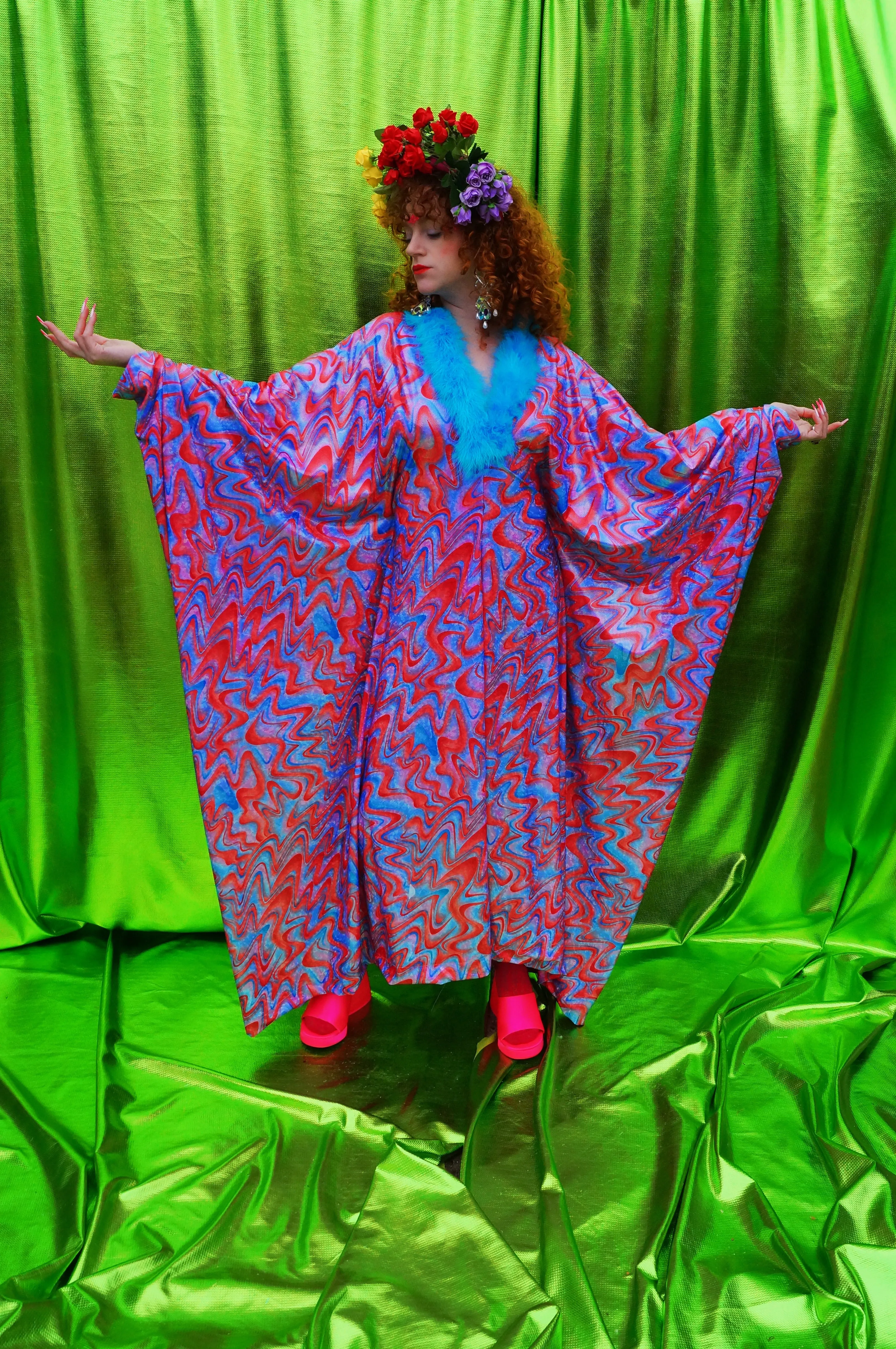Groovy Chic Psychedelic holographic pink and blue Marabou trim kaftan Gown