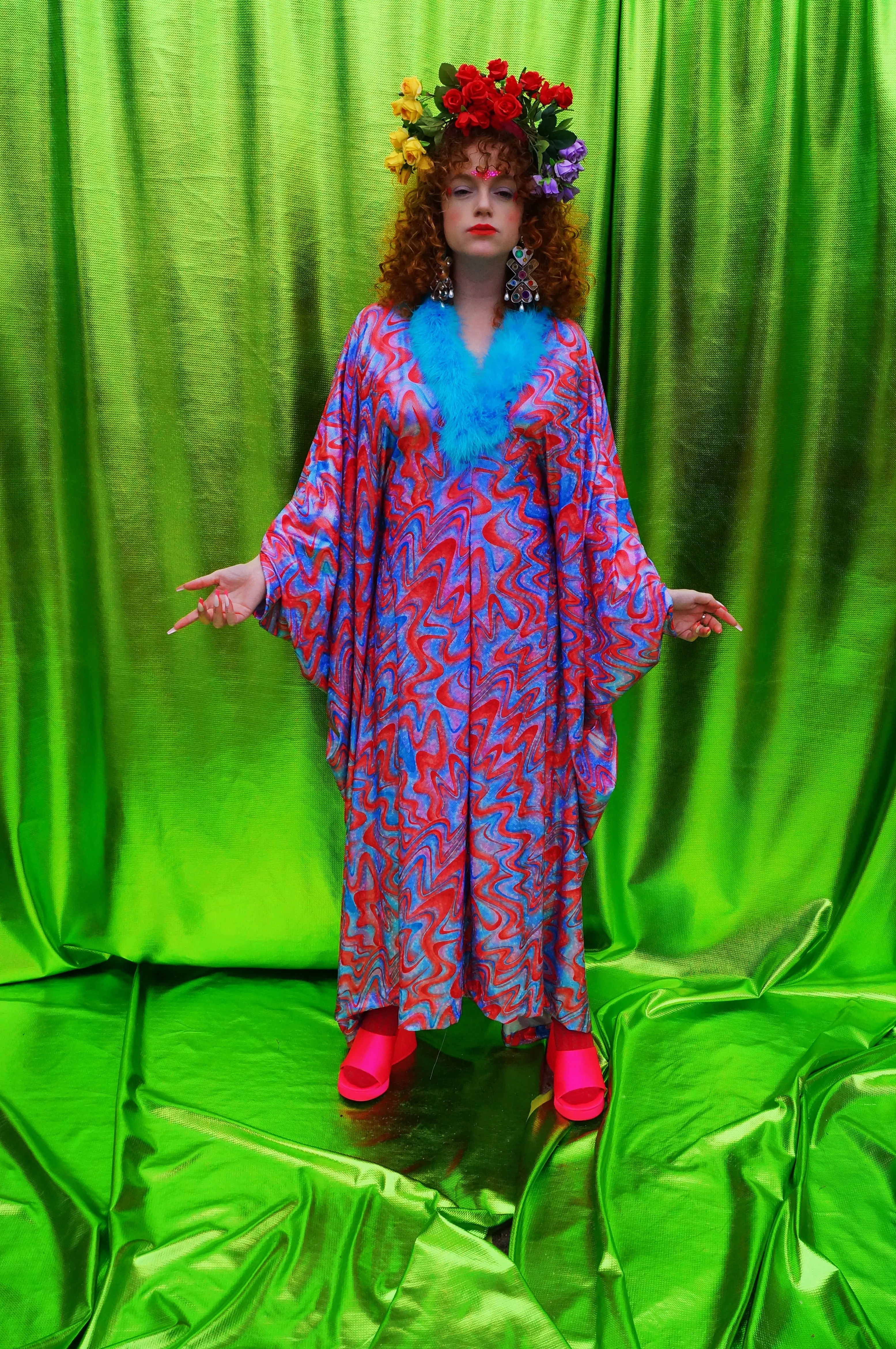 Groovy Chic Psychedelic holographic pink and blue Marabou trim kaftan Gown