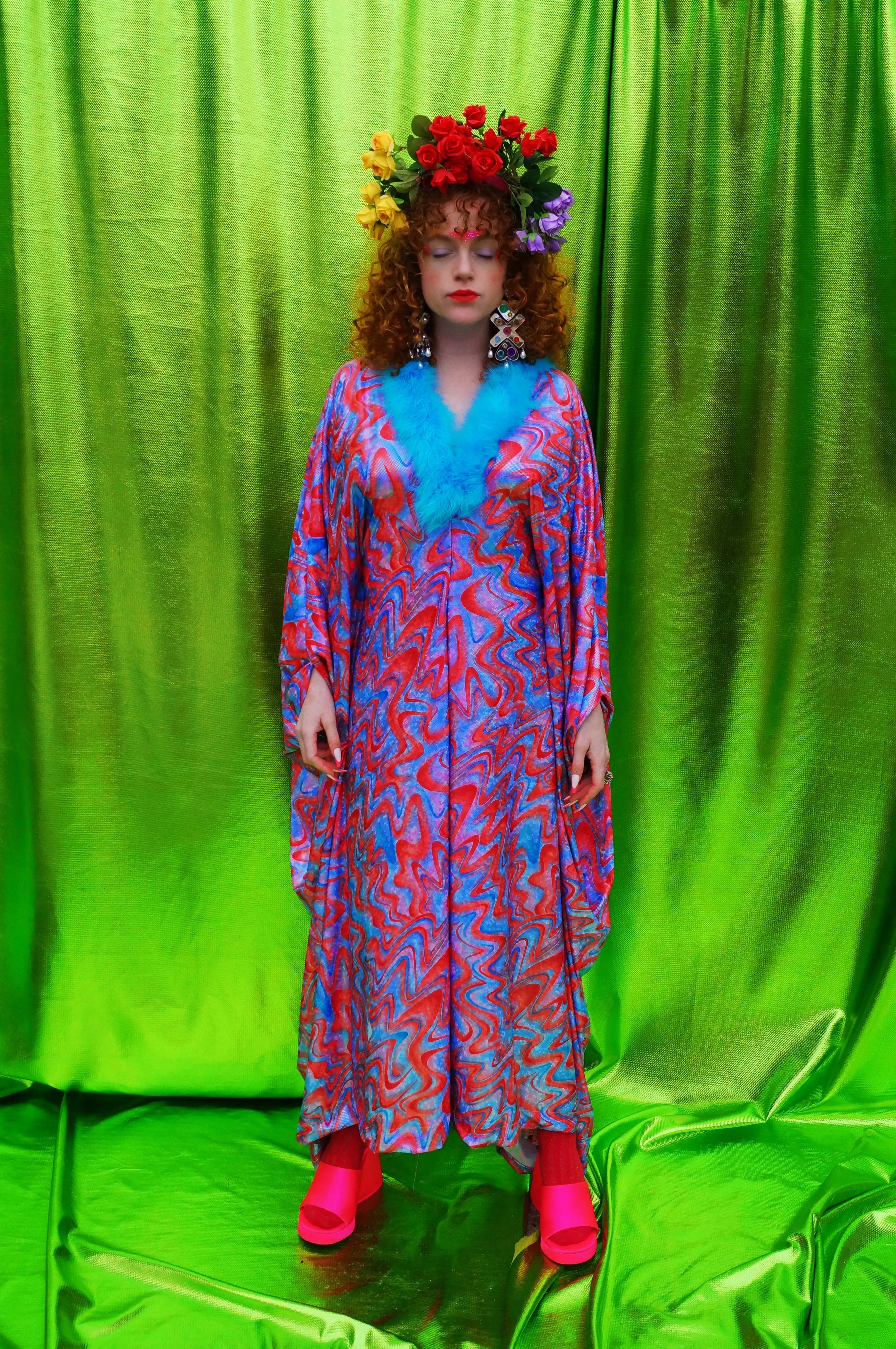 Groovy Chic Psychedelic holographic pink and blue Marabou trim kaftan Gown