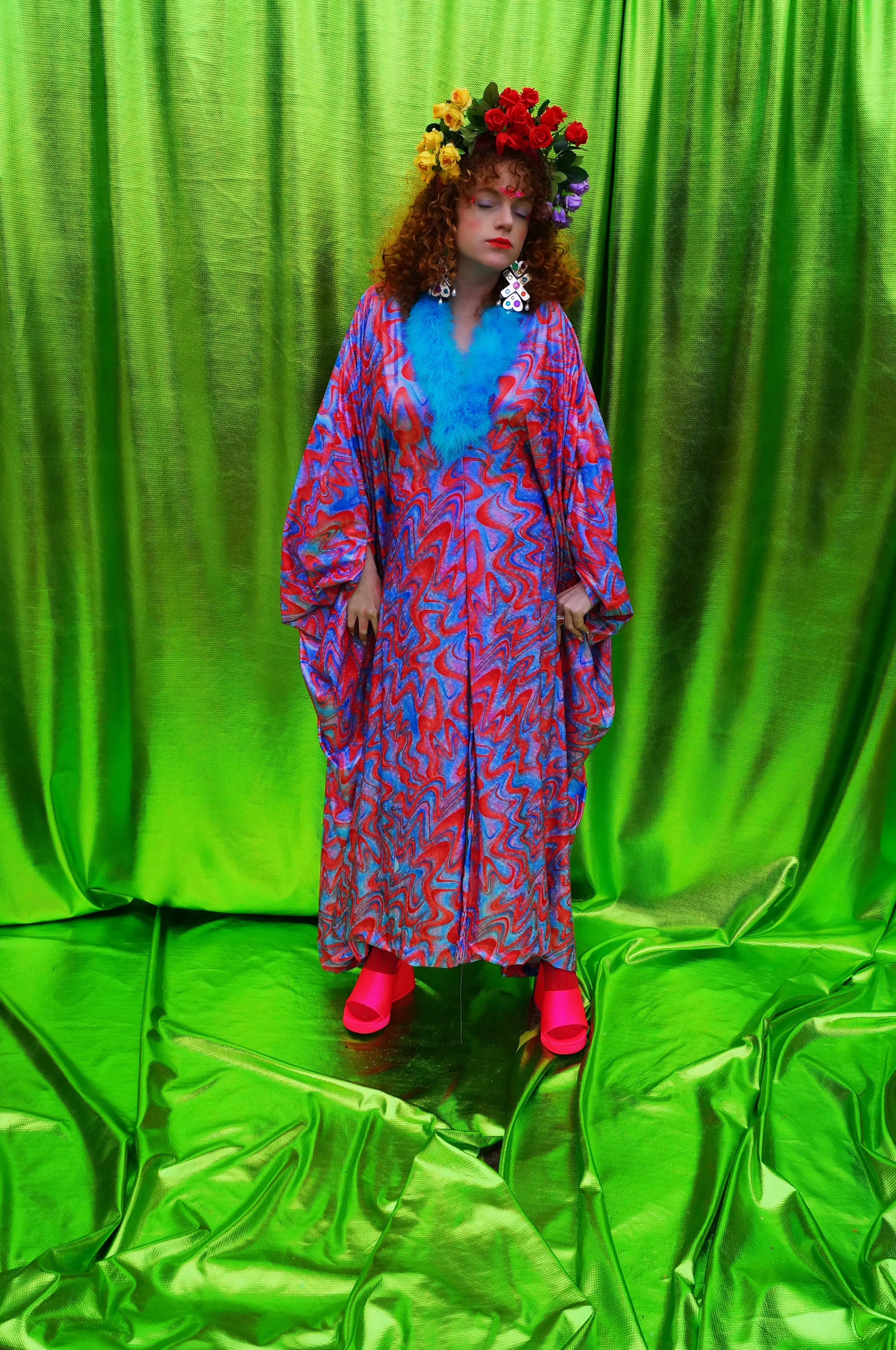 Groovy Chic Psychedelic holographic pink and blue Marabou trim kaftan Gown