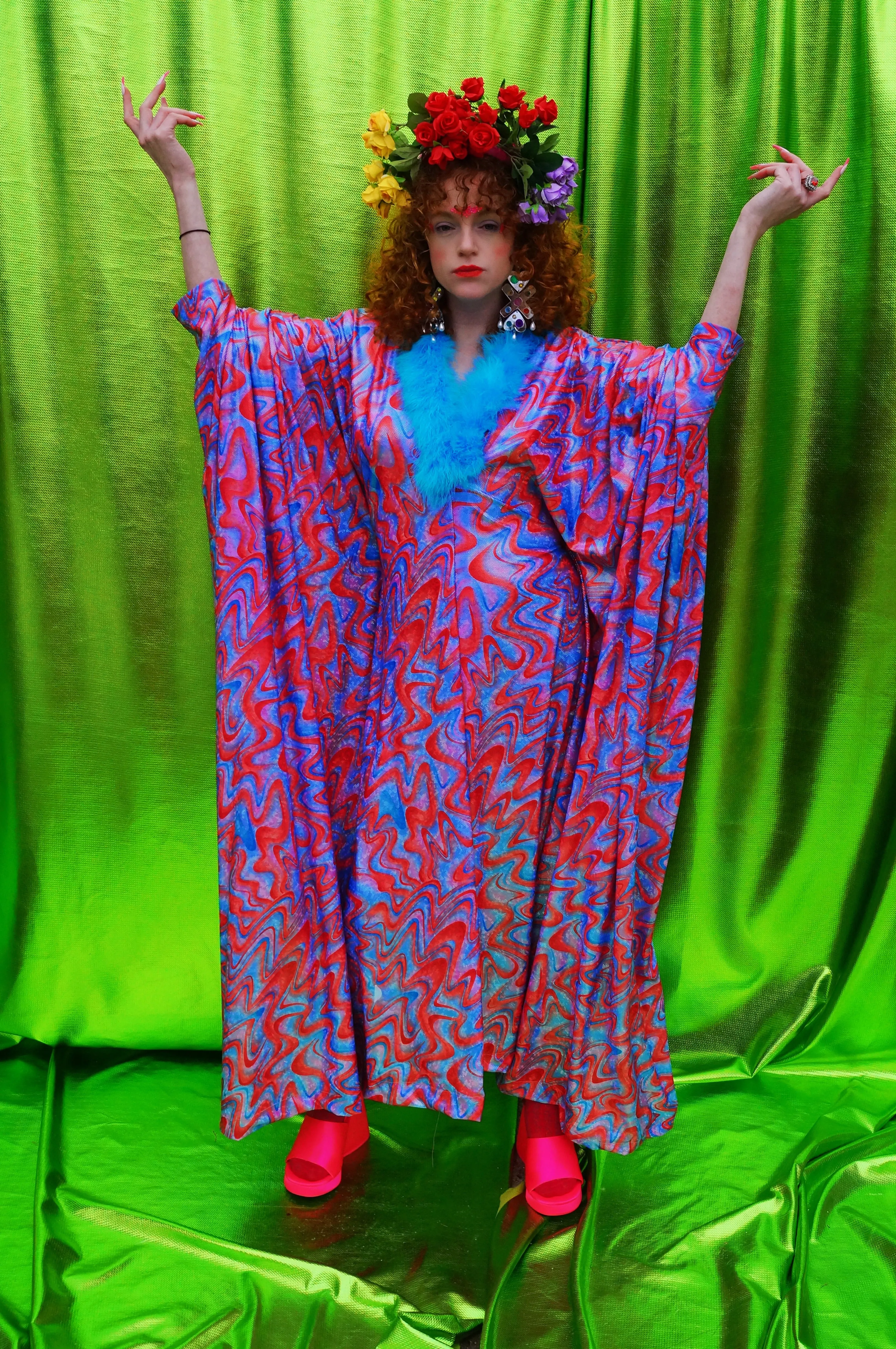 Groovy Chic Psychedelic holographic pink and blue Marabou trim kaftan Gown
