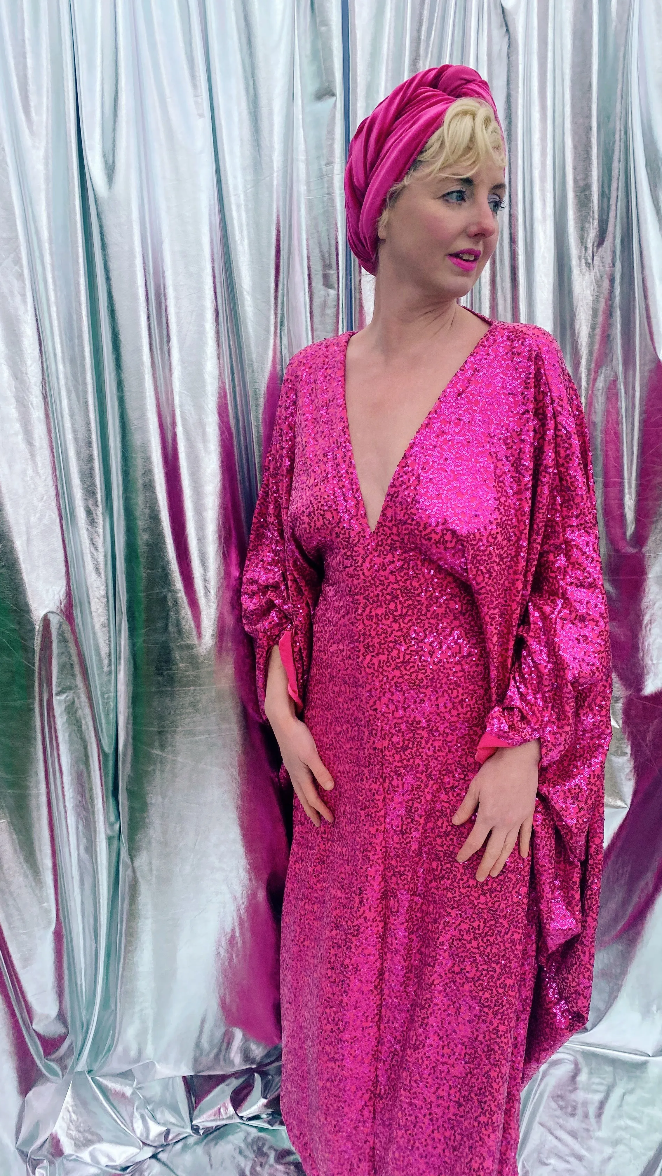 HOT pink sequin Glamour maxi kaftan gown- Studio 54