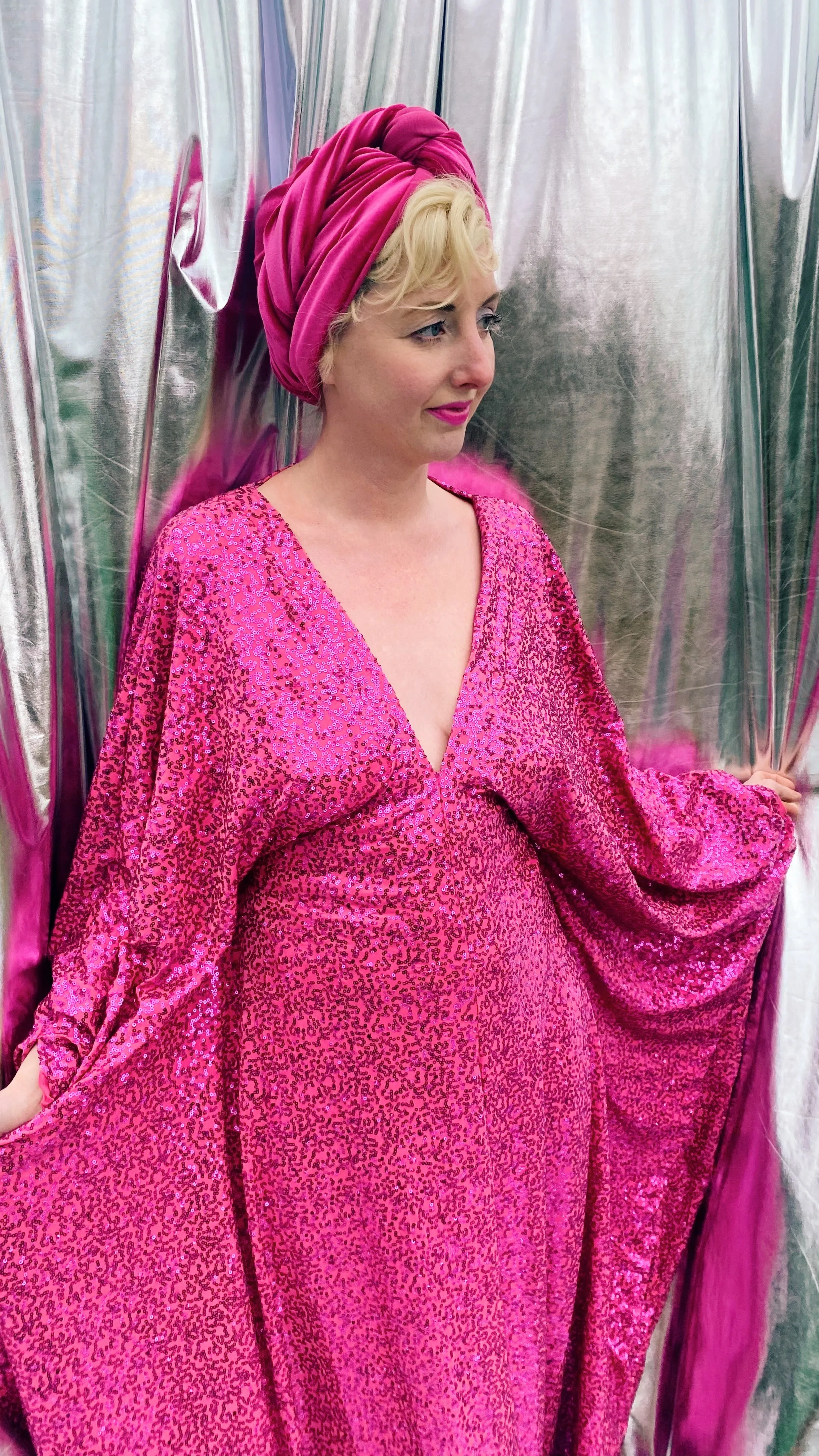 HOT pink sequin Glamour maxi kaftan gown- Studio 54