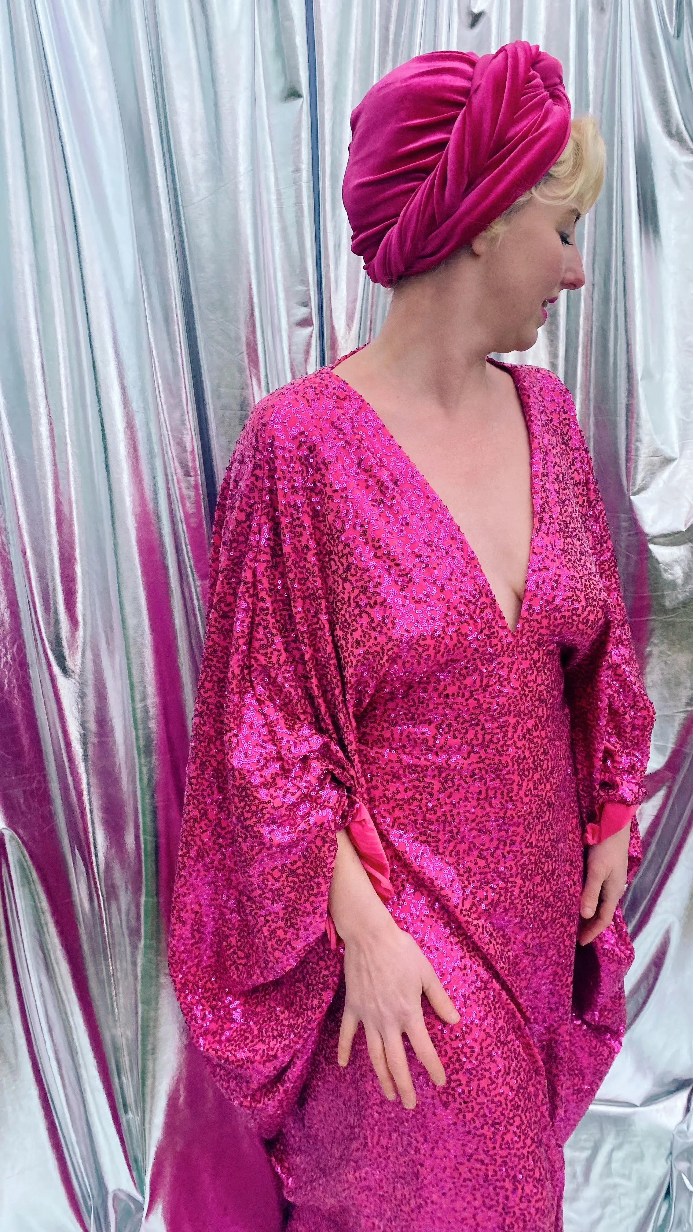 HOT pink sequin Glamour maxi kaftan gown- Studio 54