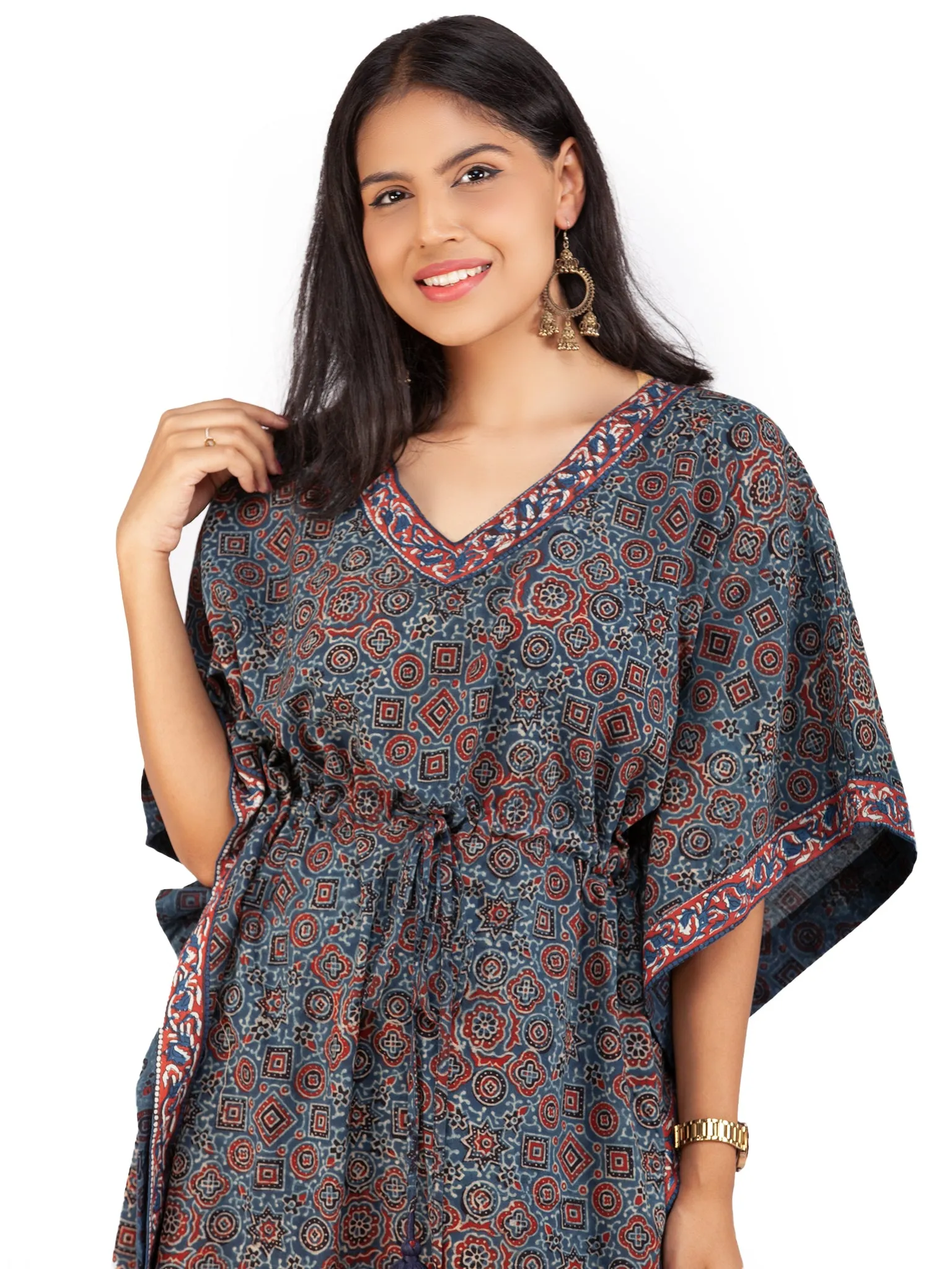 Indigo Red Black Ajrakh Hand Block Printed Kaftan - K148F1797