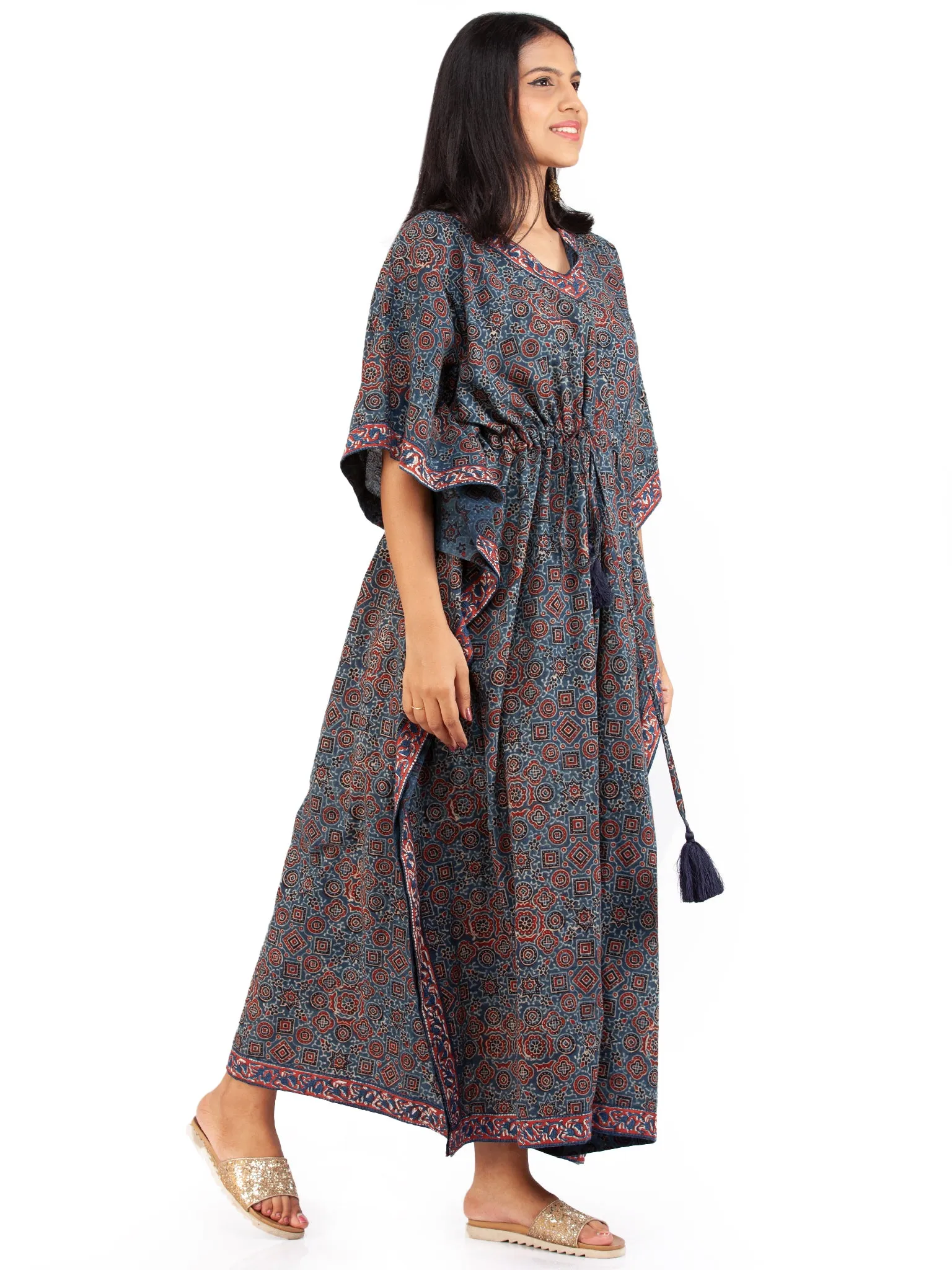 Indigo Red Black Ajrakh Hand Block Printed Kaftan - K148F1797