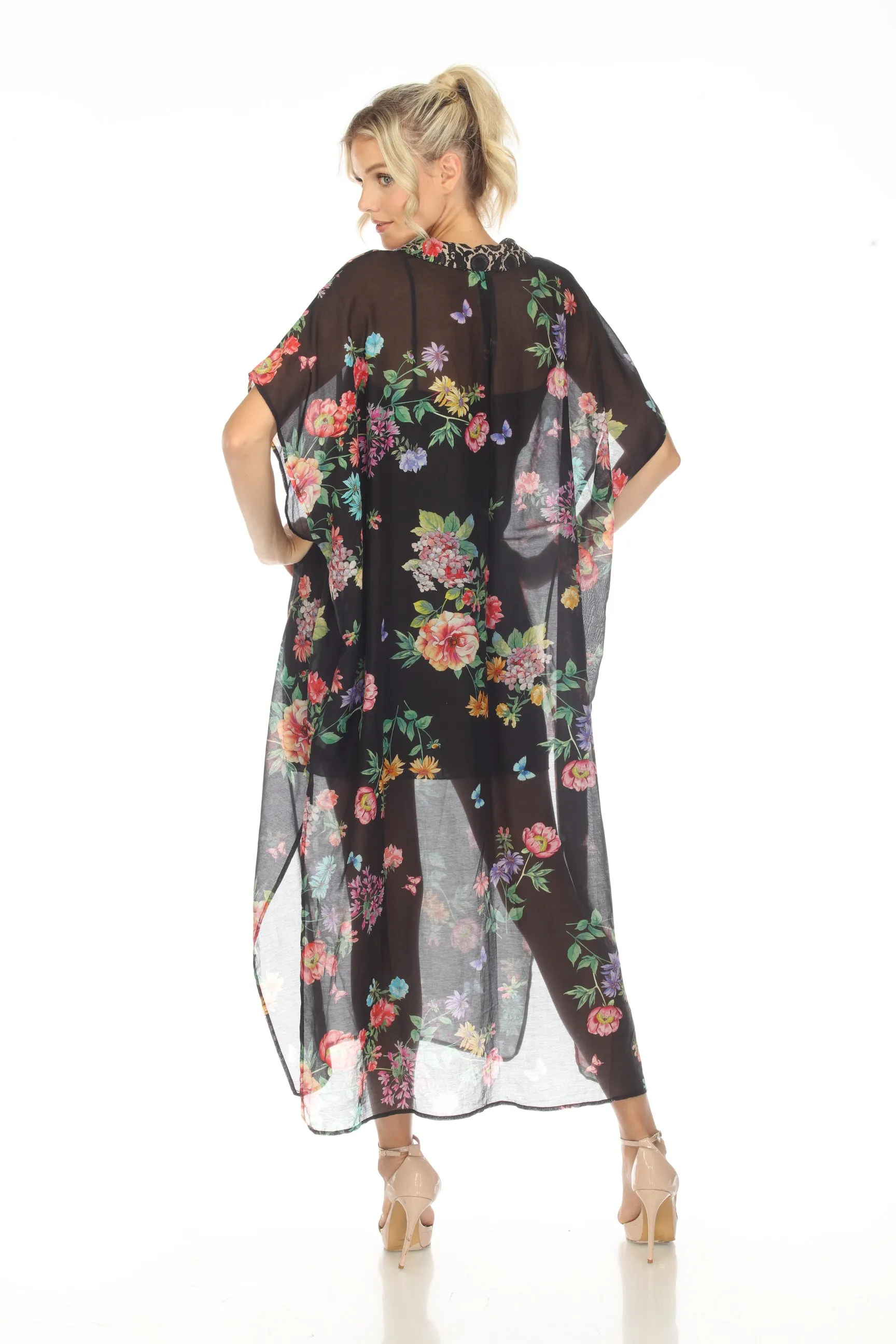 Johnny Was Black Butterfly Collared Swim Cover-Up Kaftan Dress Boho Chic CSW3523-M