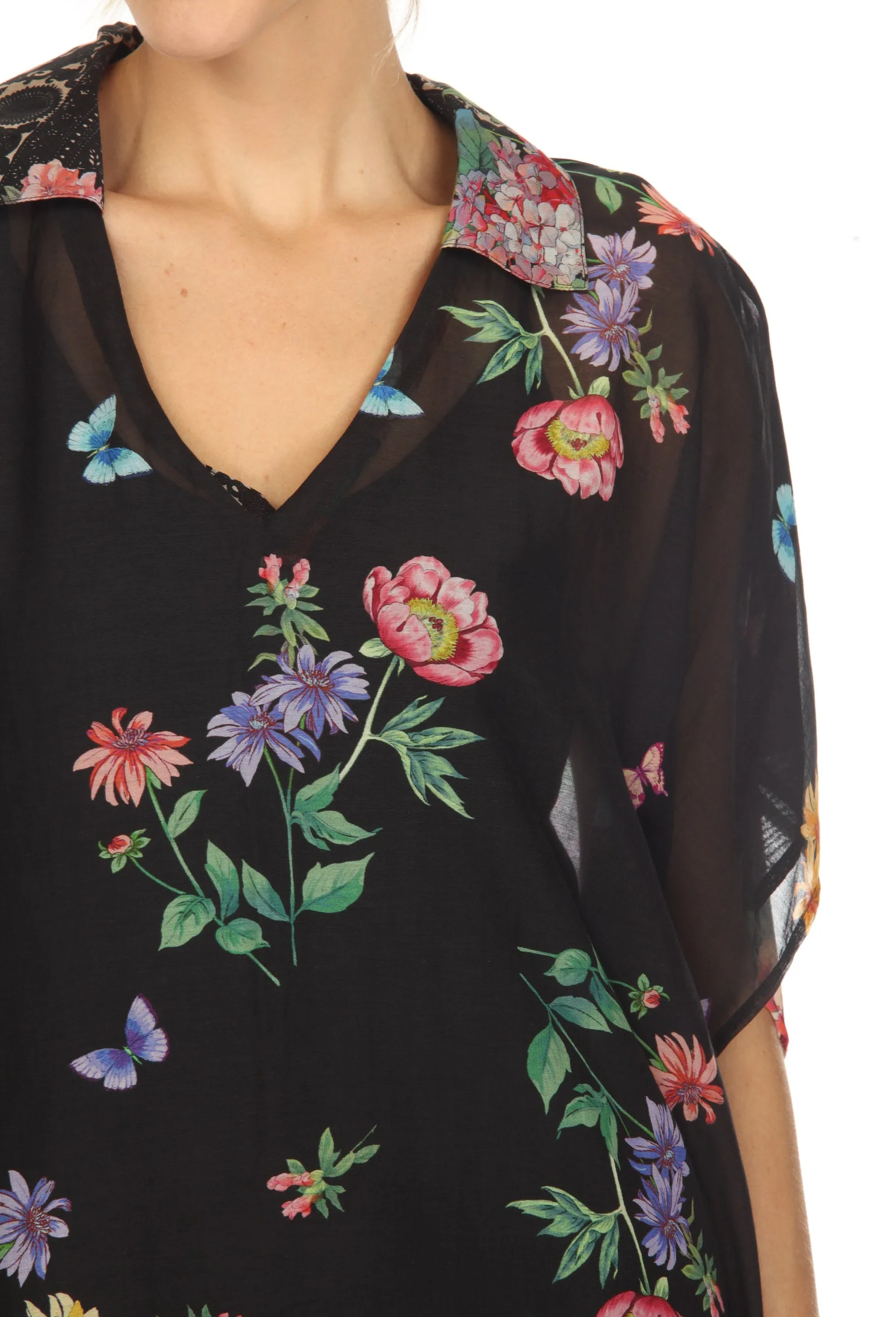Johnny Was Black Butterfly Collared Swim Cover-Up Kaftan Dress Boho Chic CSW3523-M
