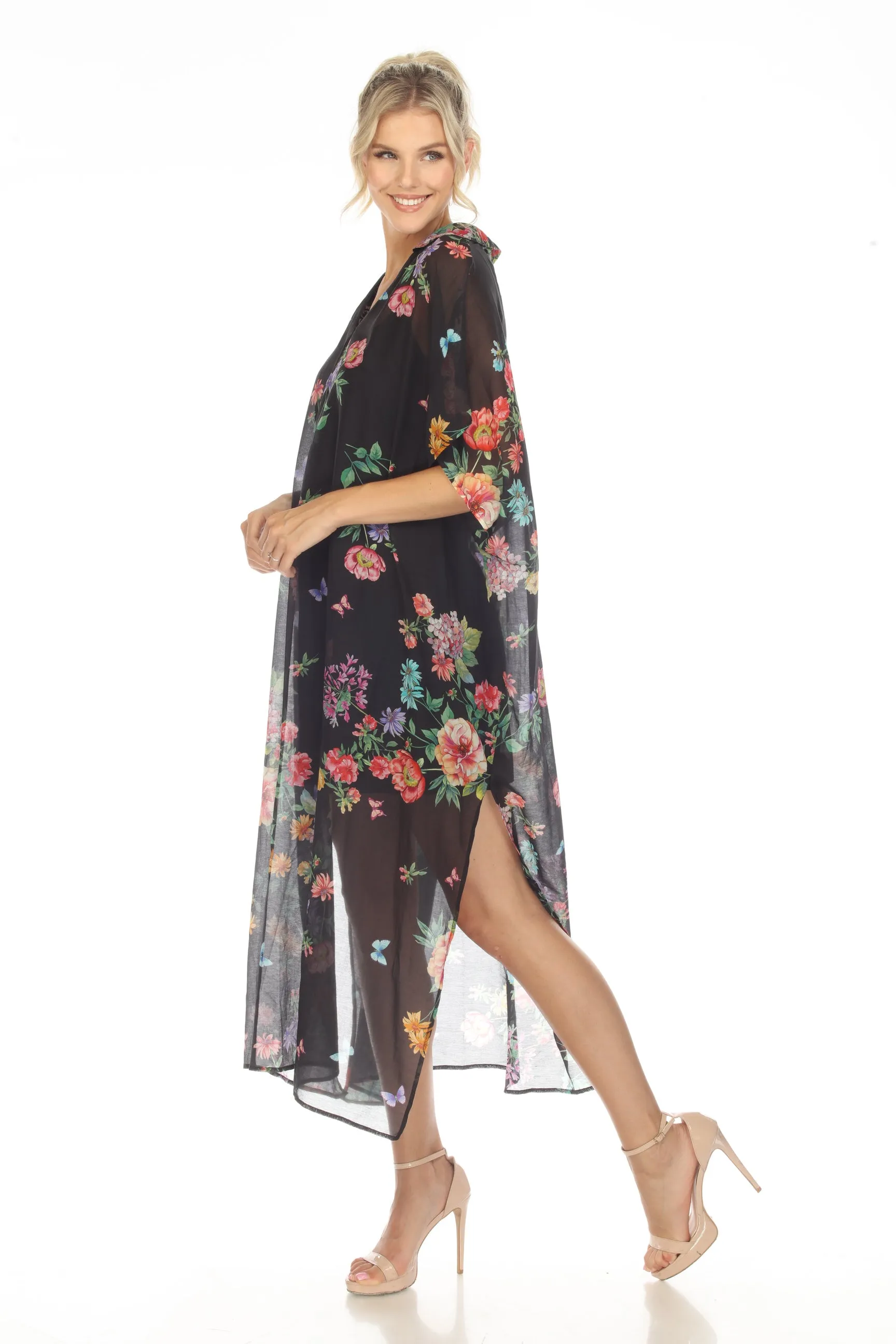 Johnny Was Black Butterfly Collared Swim Cover-Up Kaftan Dress Boho Chic CSW3523-M