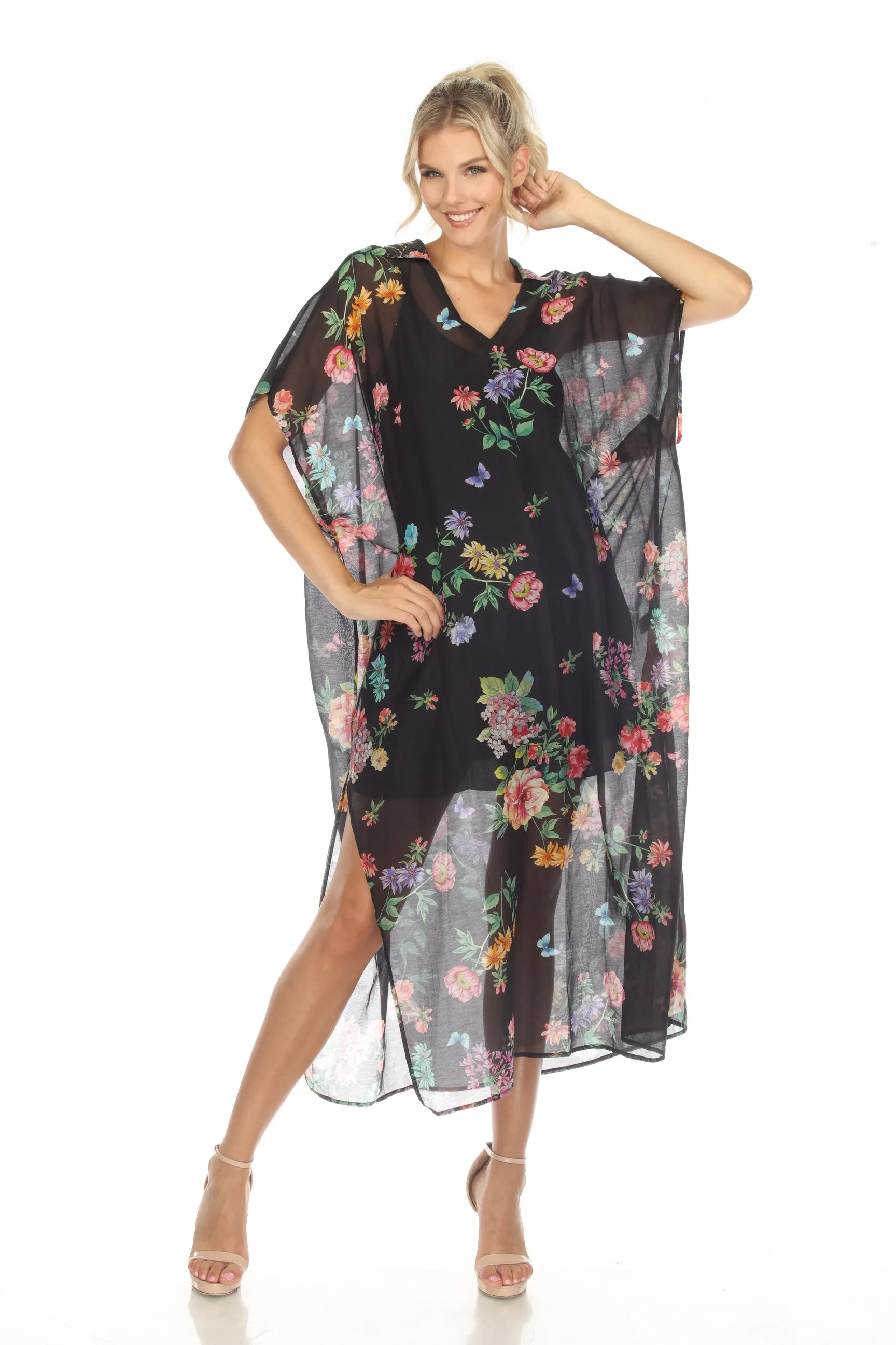 Johnny Was Black Butterfly Collared Swim Cover-Up Kaftan Dress Boho Chic CSW3523-M