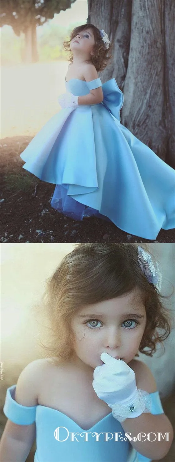 Lovely Bow Simple Blue Satin Off-the-Shoulder Flower-Girls Dresses, TYP1955