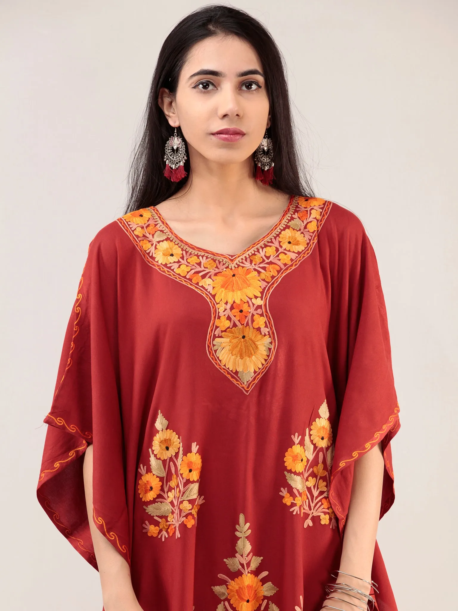 Maroon Yellow Aari Embroidered Kashmere Free Size Kaftan  - K12K022