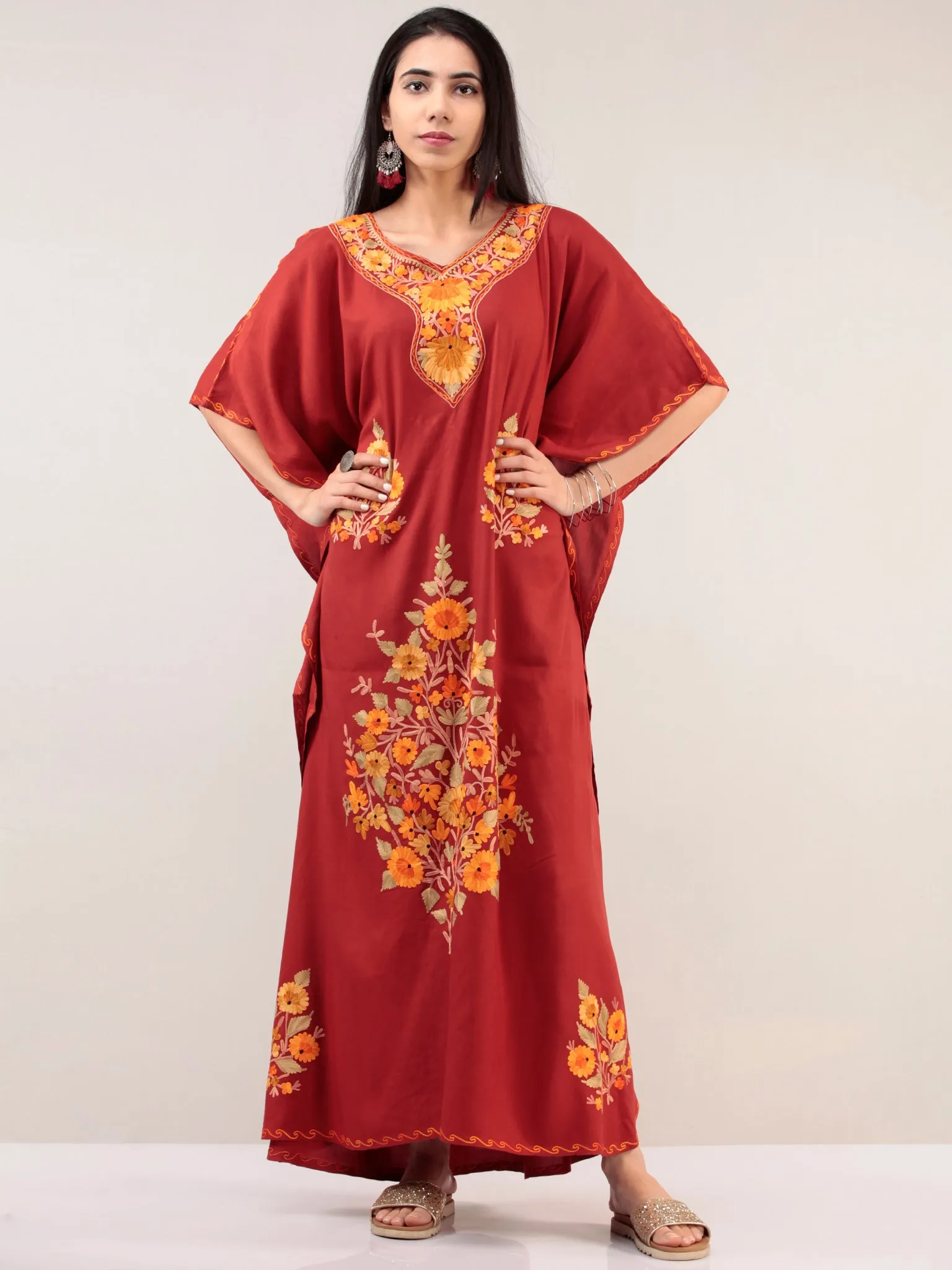 Maroon Yellow Aari Embroidered Kashmere Free Size Kaftan  - K12K022