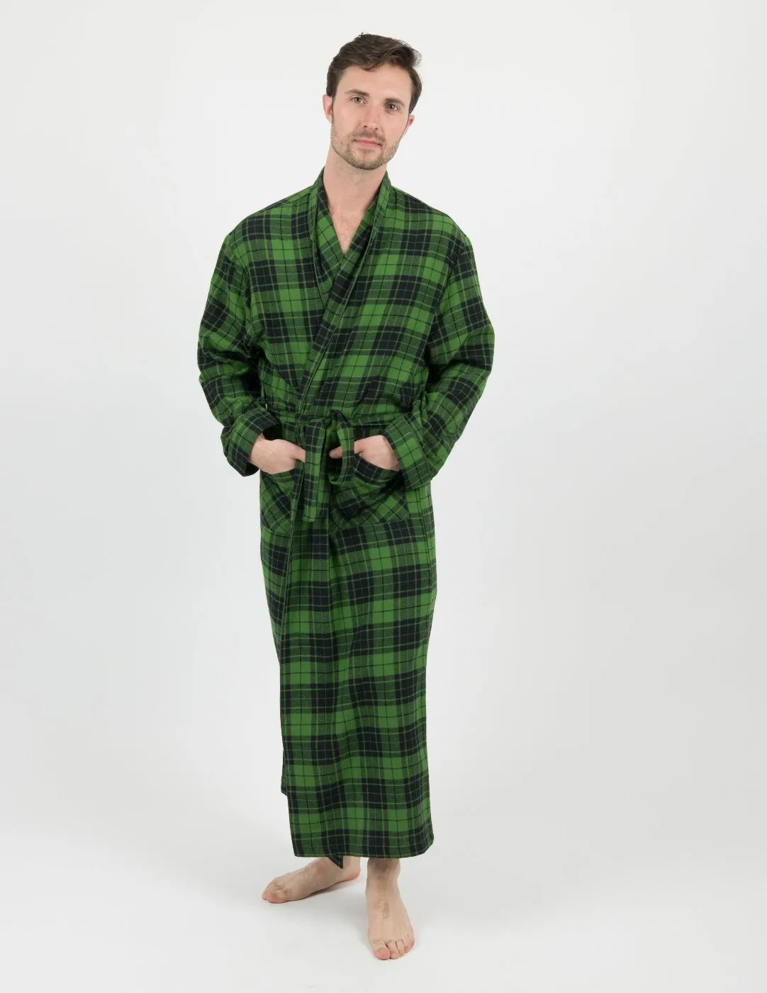 Mens Black & Green Plaid Flannel Robe