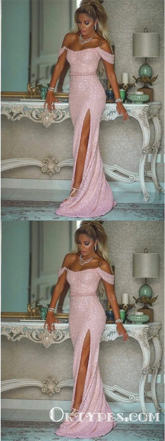 Mermaid Off-the-Shoulder Long Sequined Prom Dresses with Split, TYP1929