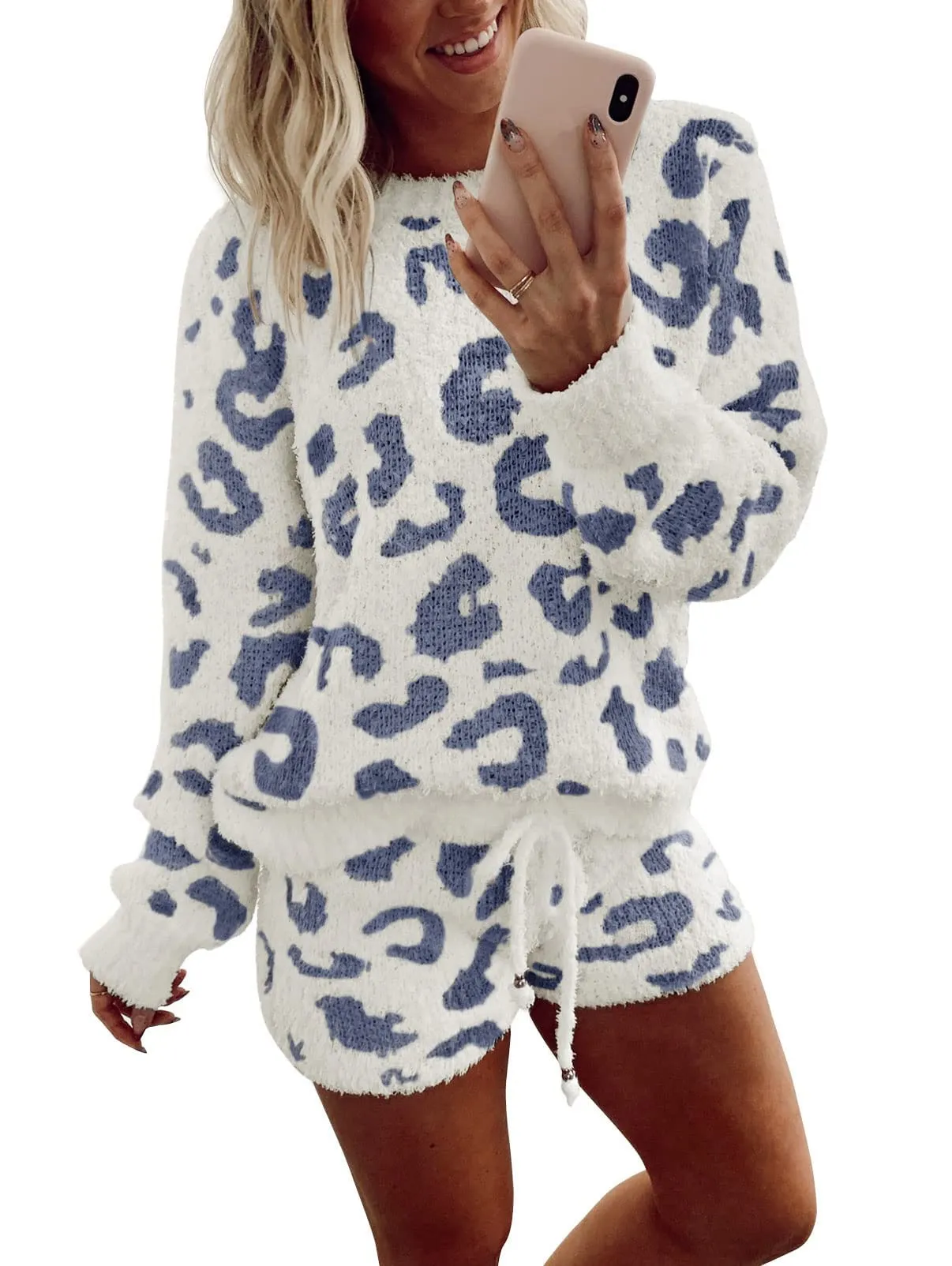 MEROKEETY Fuzzy Fleece Leopard Top and Shorts Pajama Set